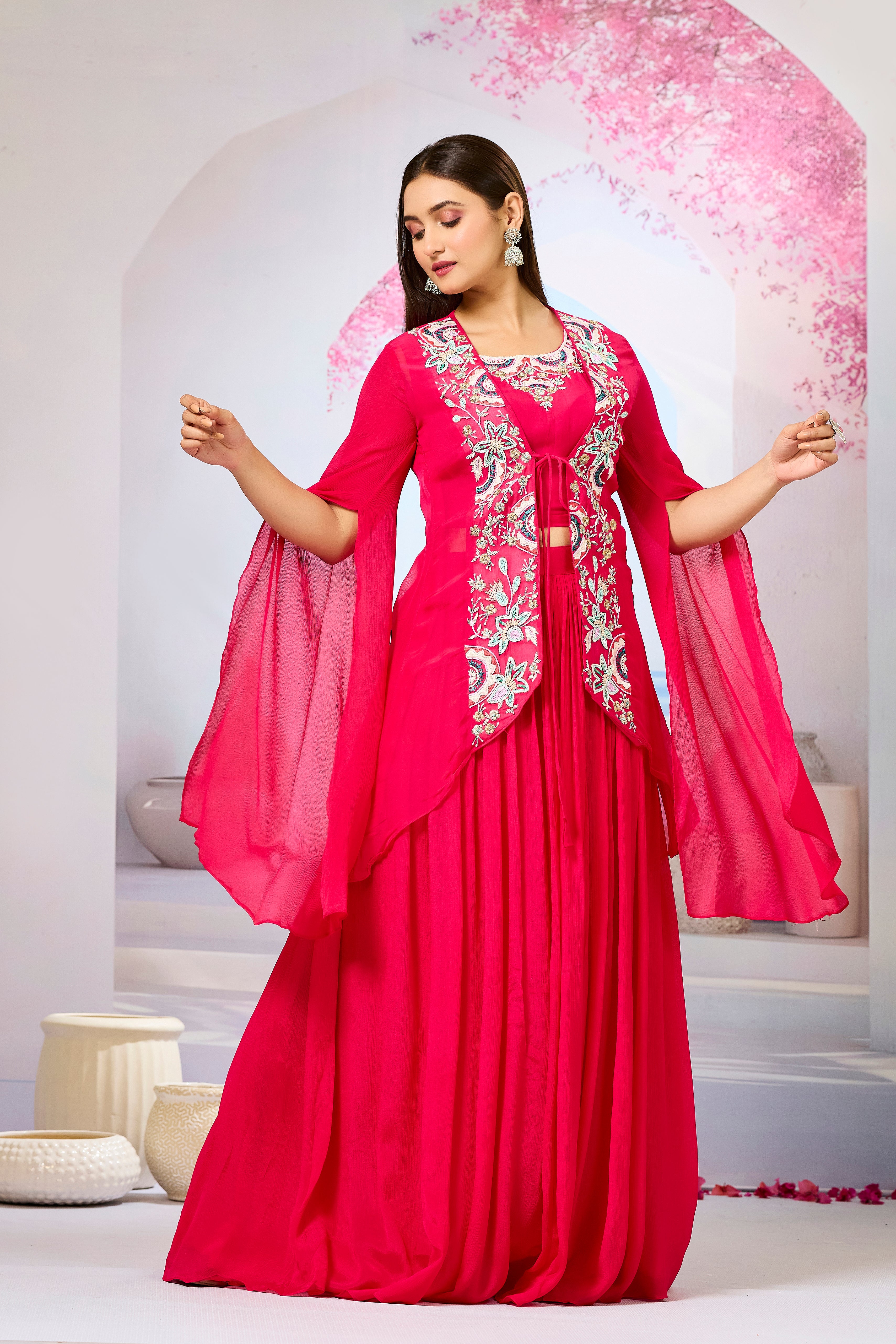 Red Embellished Organza Silk Cape Set