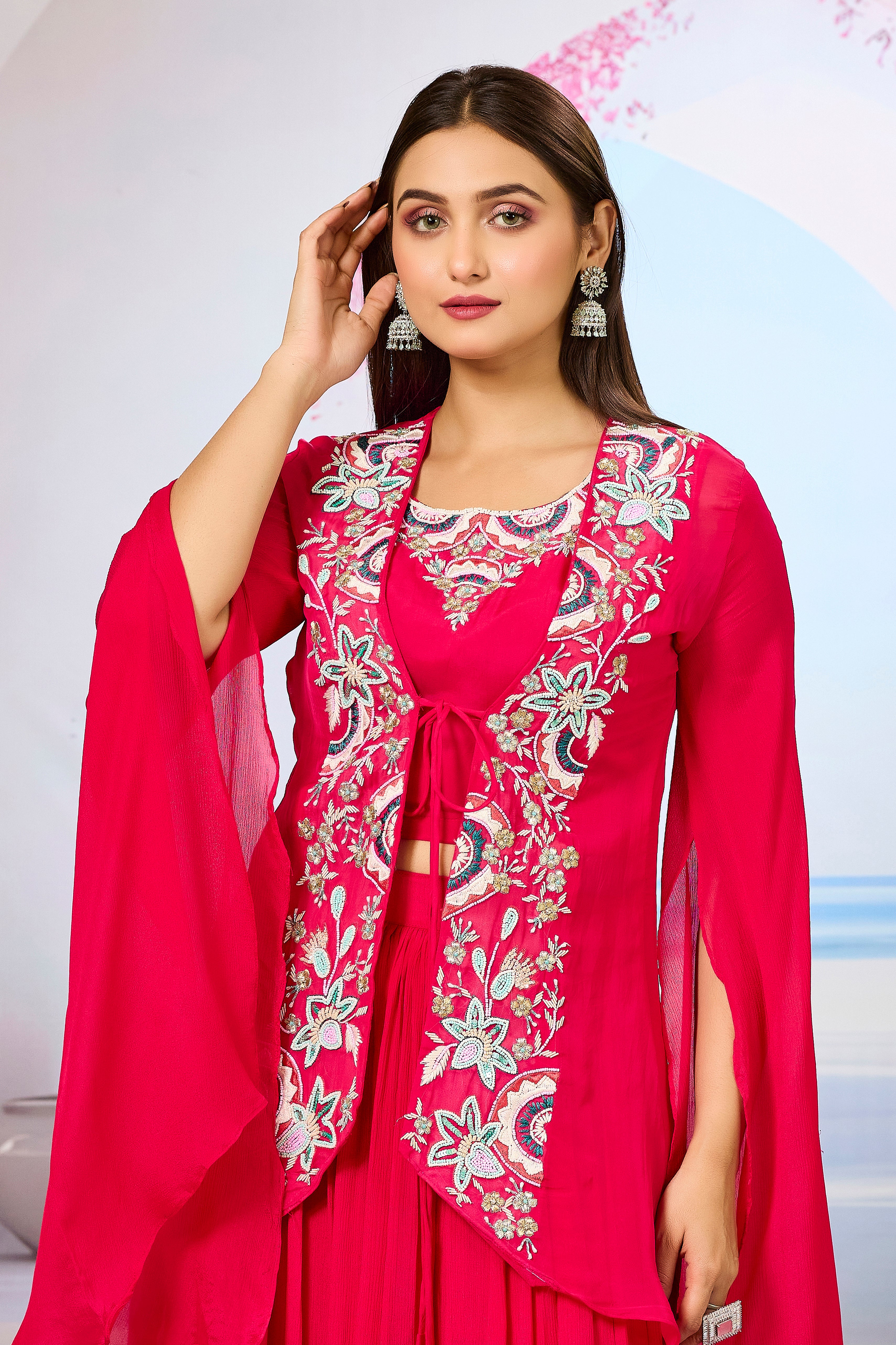 Red Embellished Organza Silk Cape Set