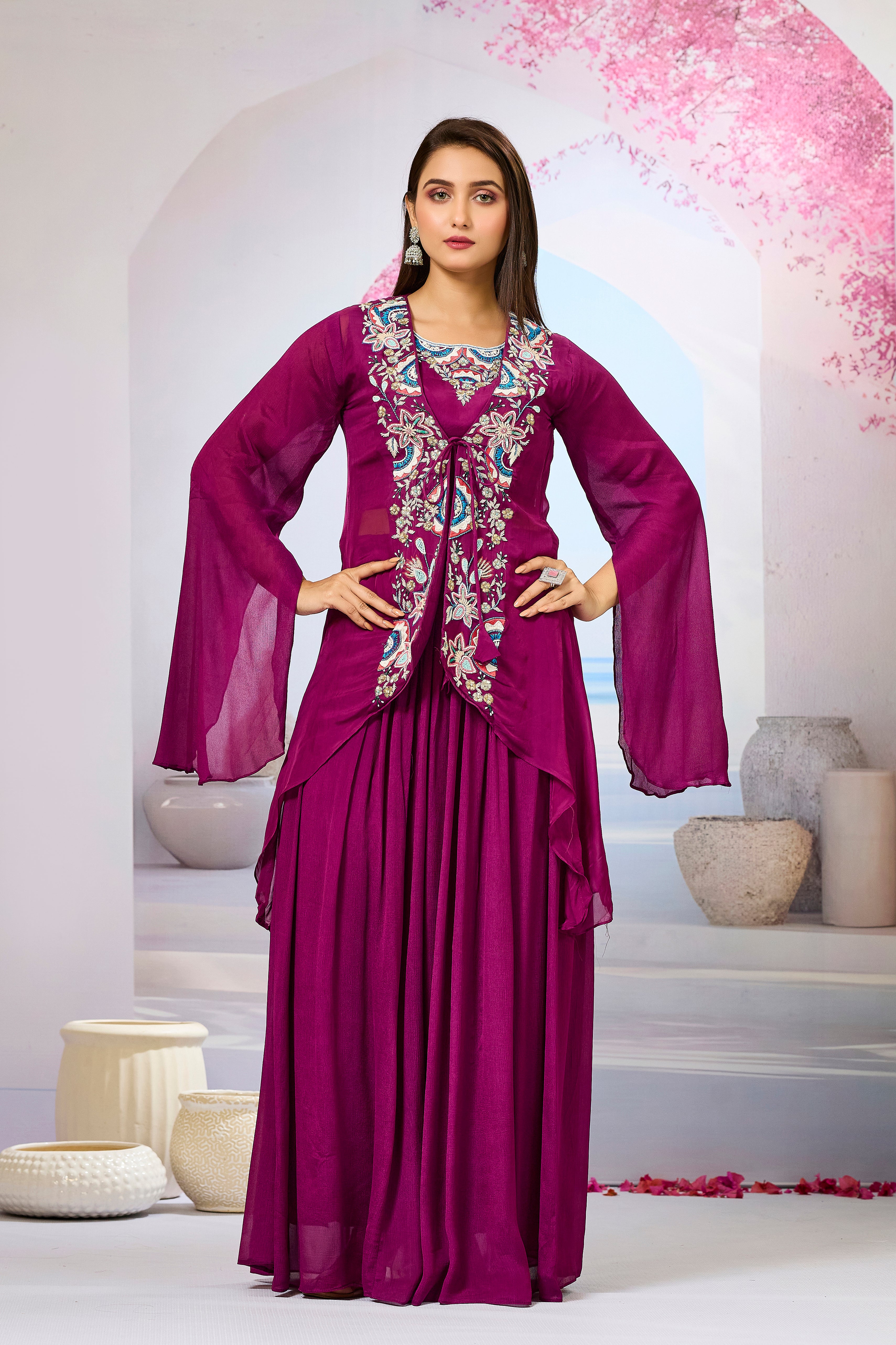Wine Embellished Organza Silk Cape Set