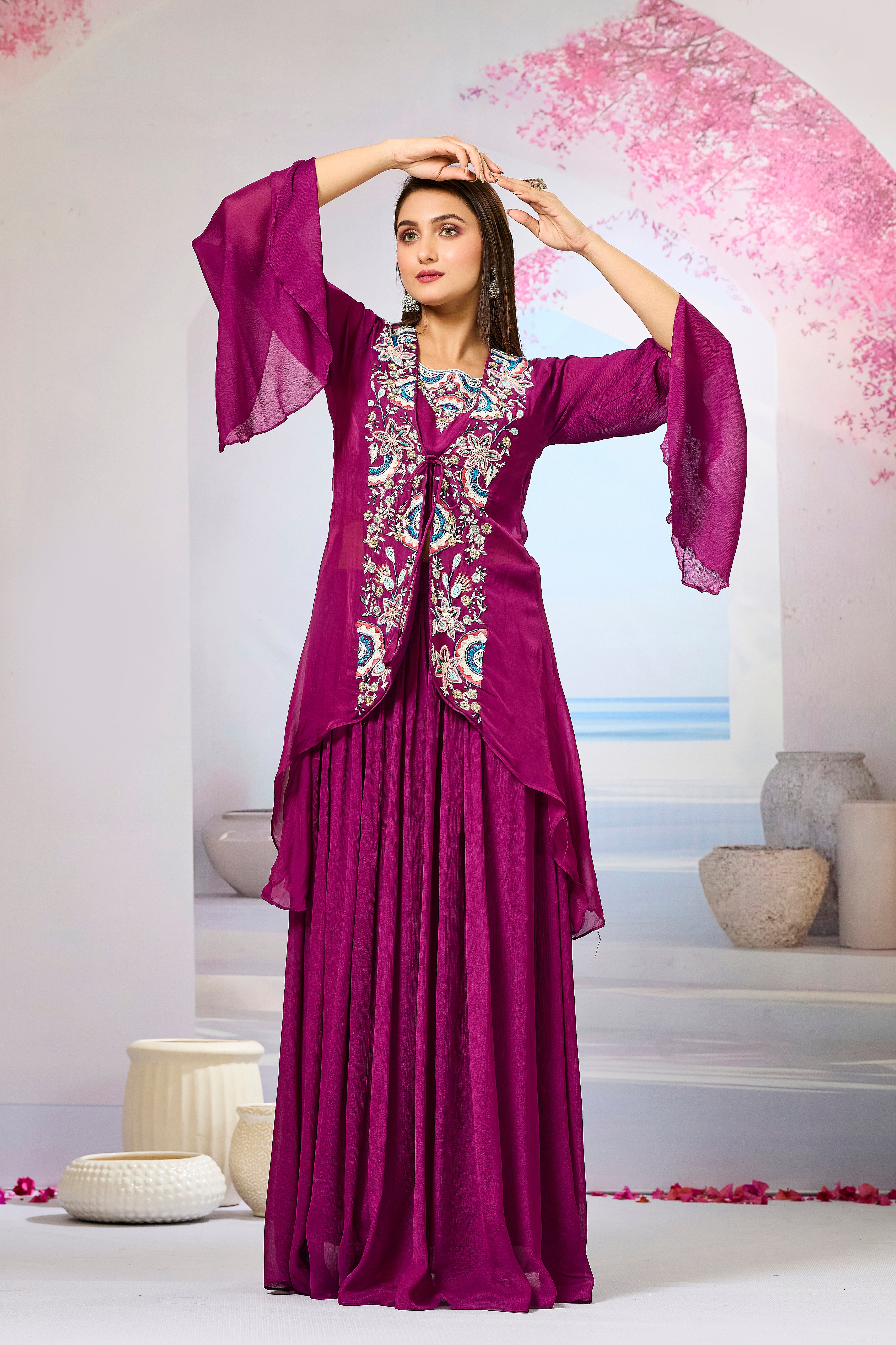 Wine Embellished Organza Silk Cape Set