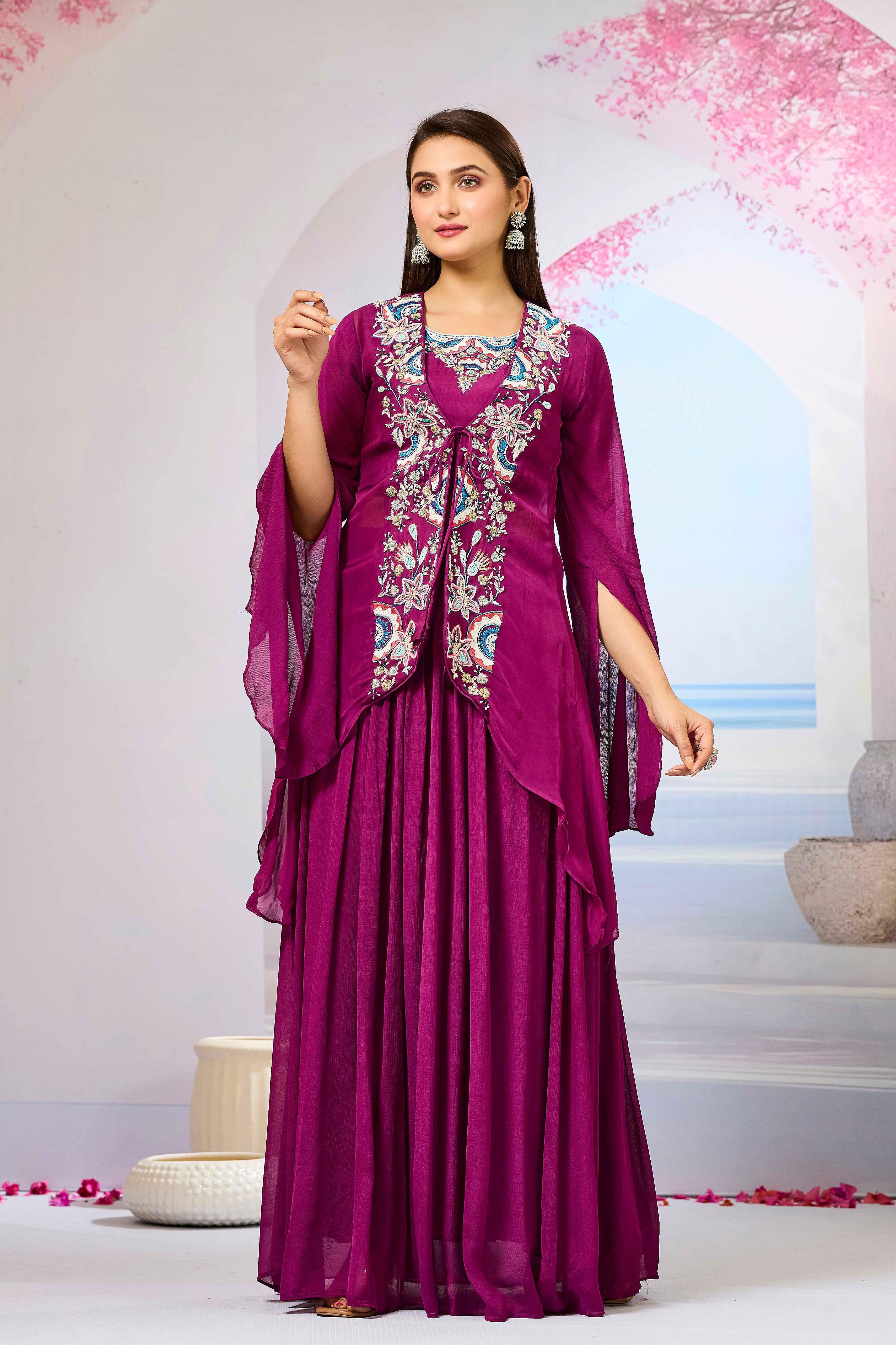 Wine Embellished Organza Silk Cape Set
