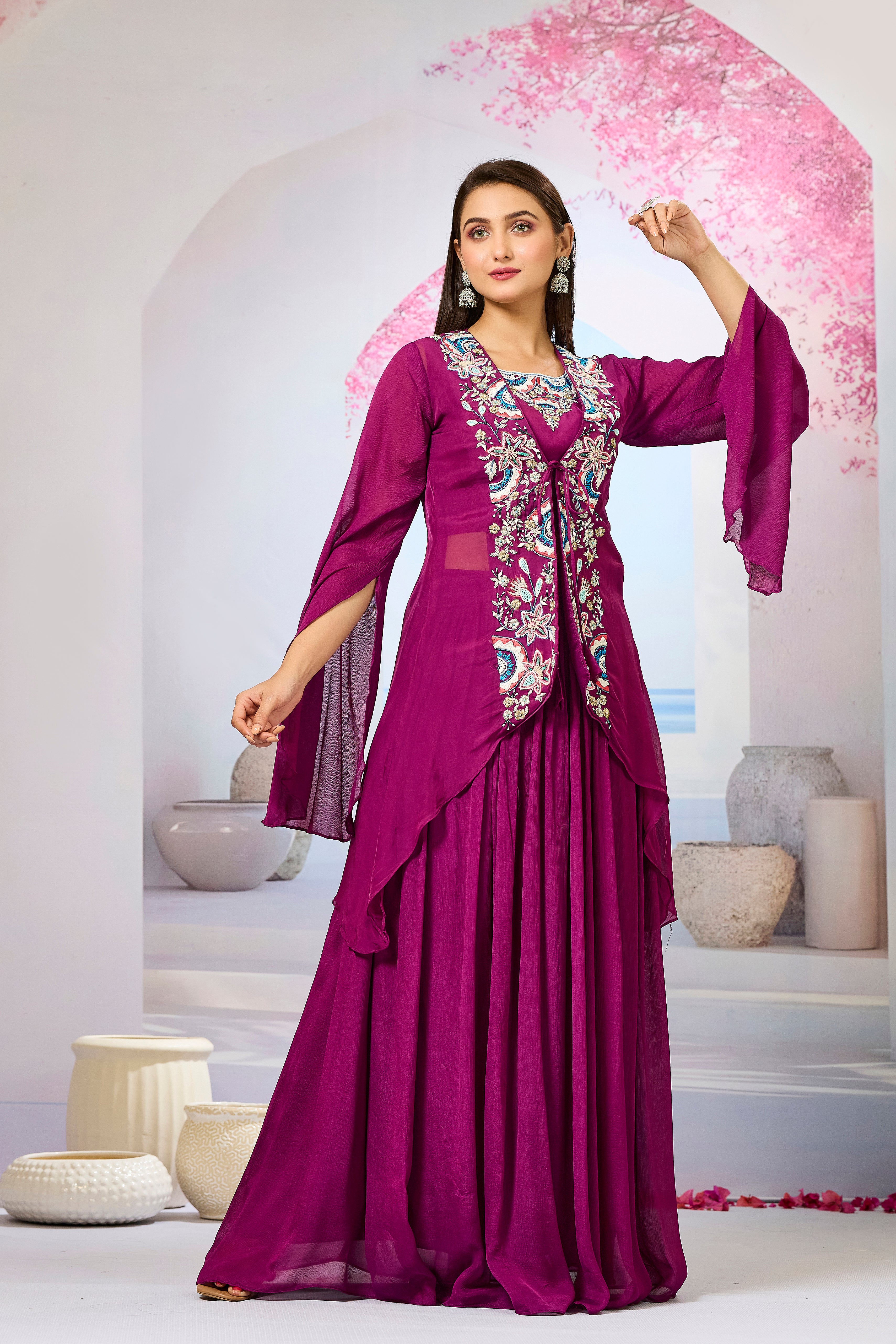Wine Embellished Organza Silk Cape Set