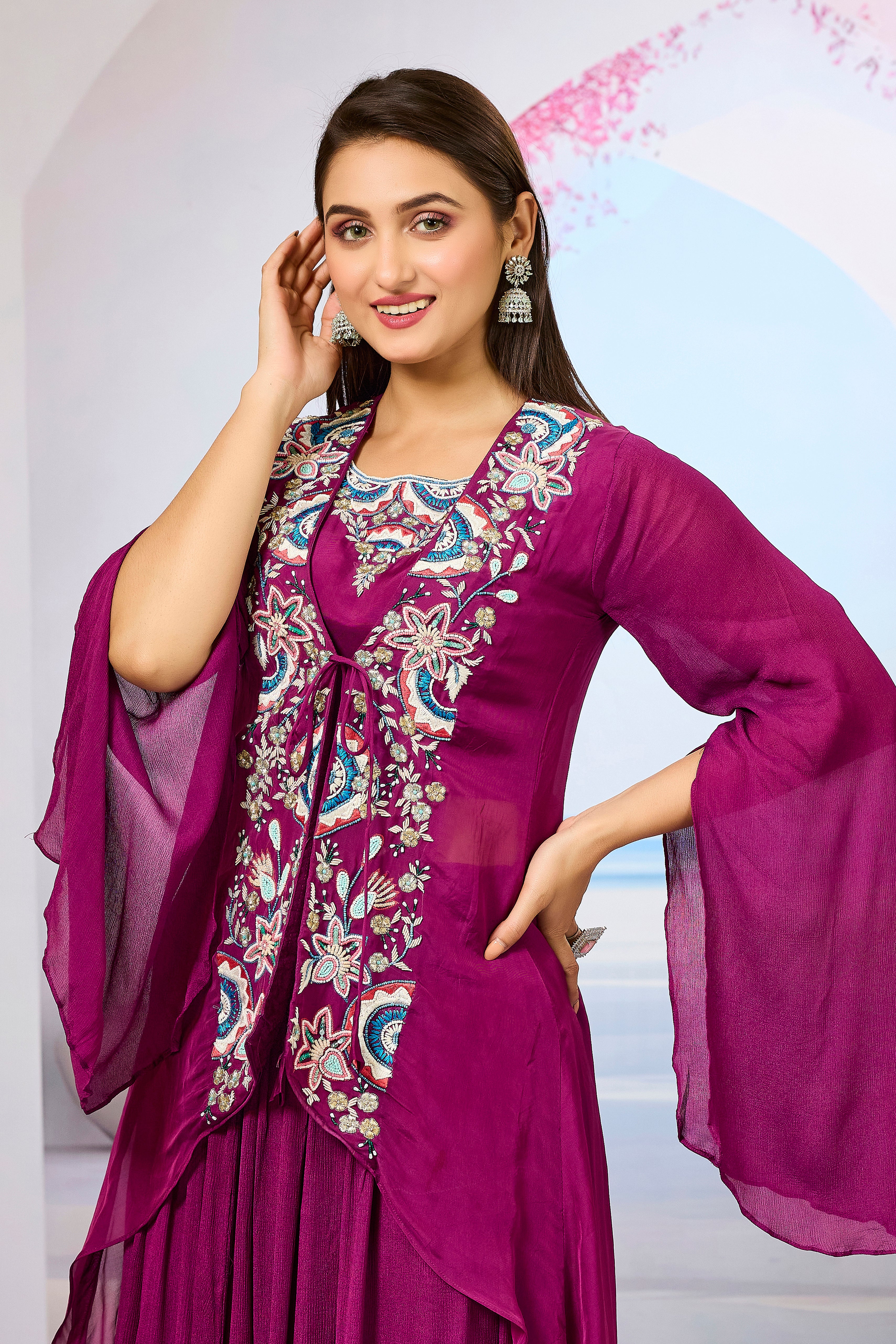 Wine Embellished Organza Silk Cape Set