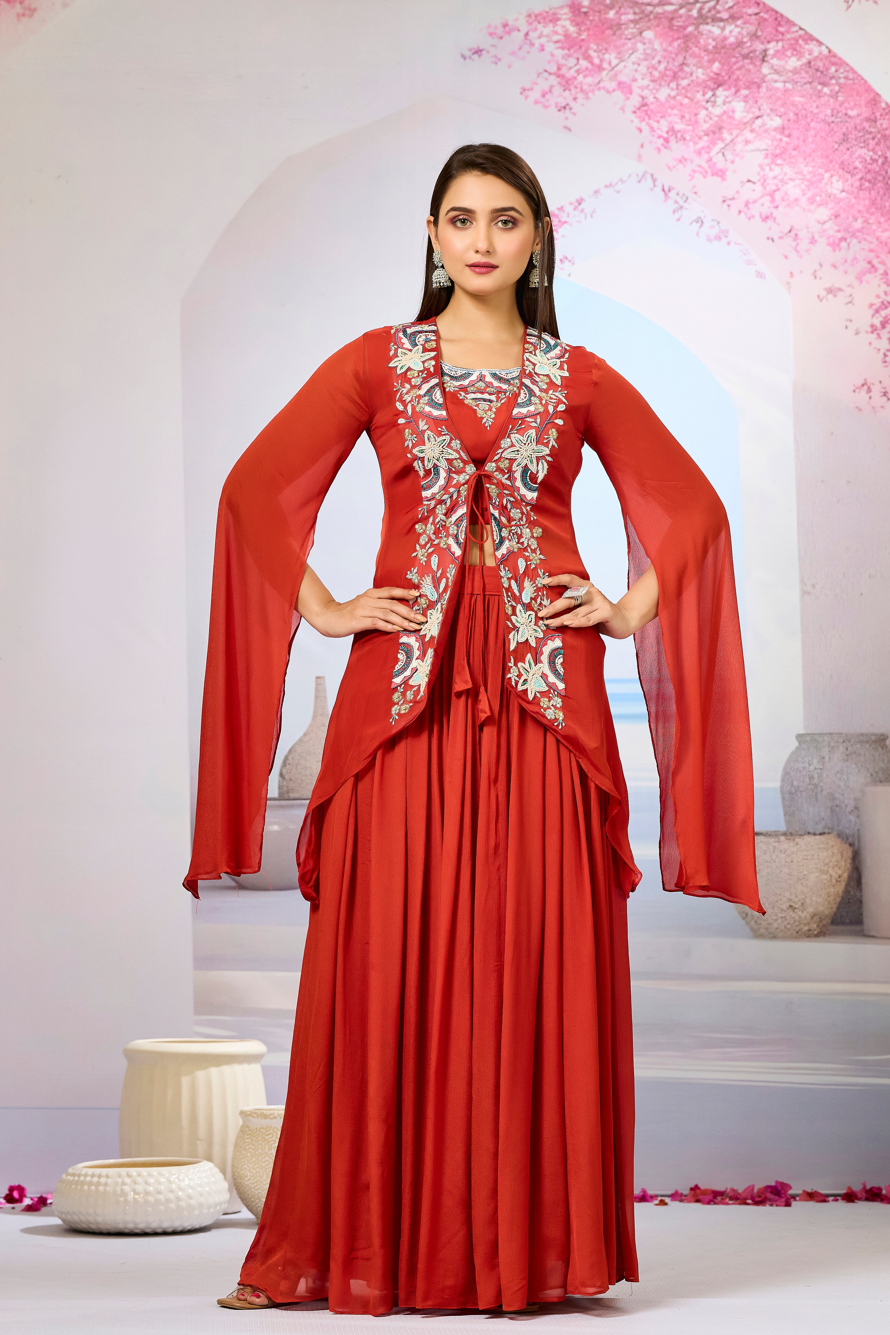 Maroon Embellished Organza Silk Cape Set