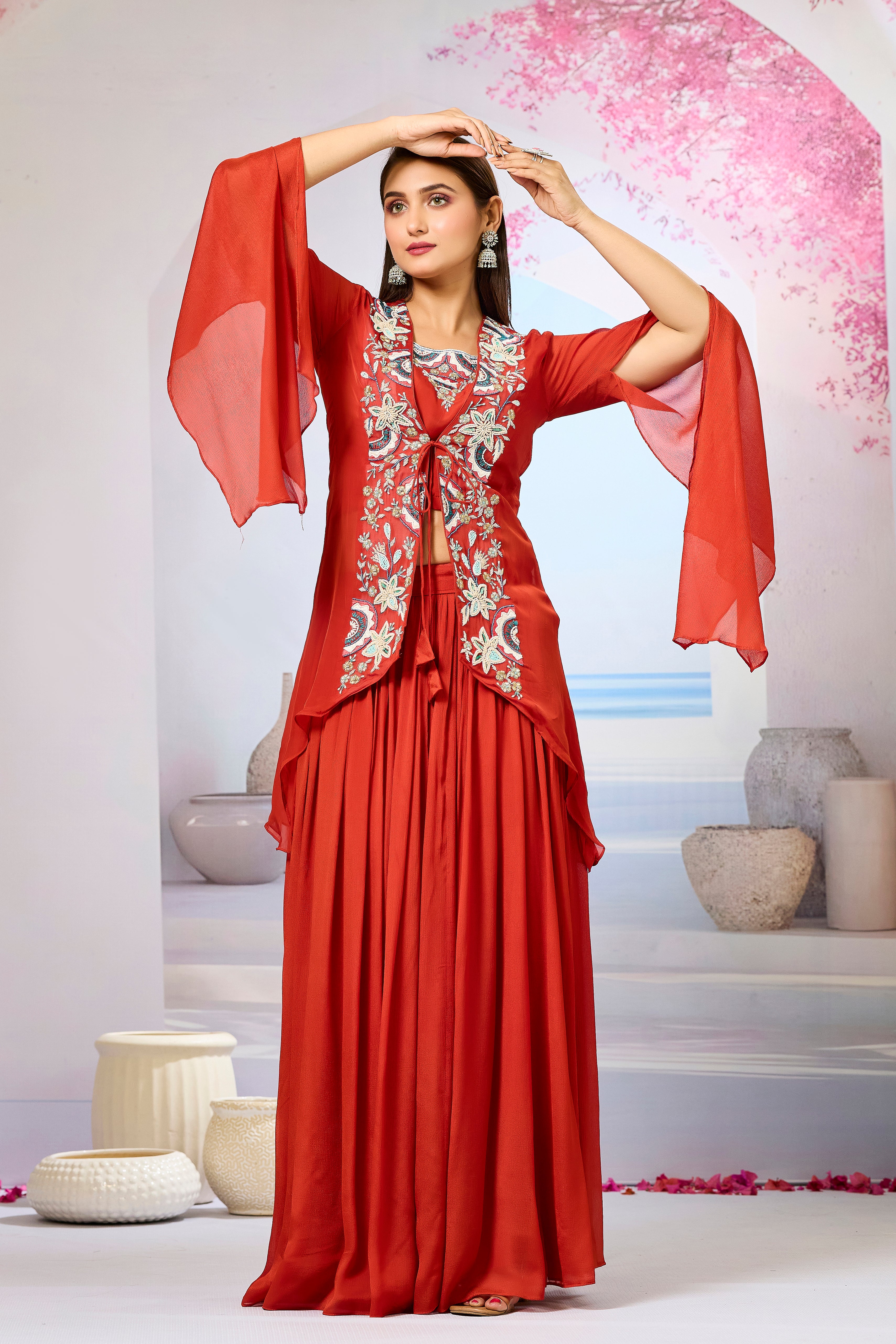 Maroon Embellished Organza Silk Cape Set
