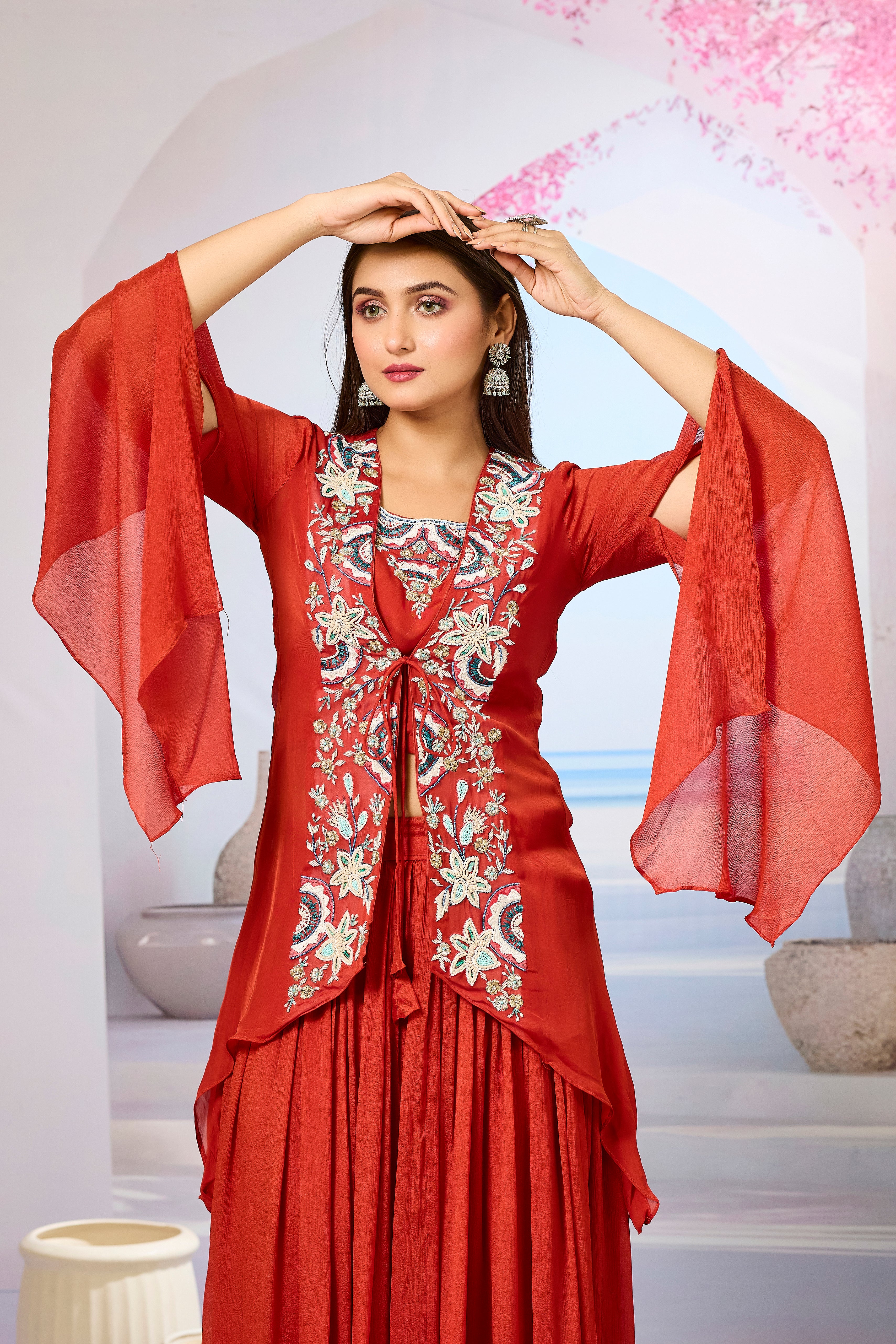 Maroon Embellished Organza Silk Cape Set