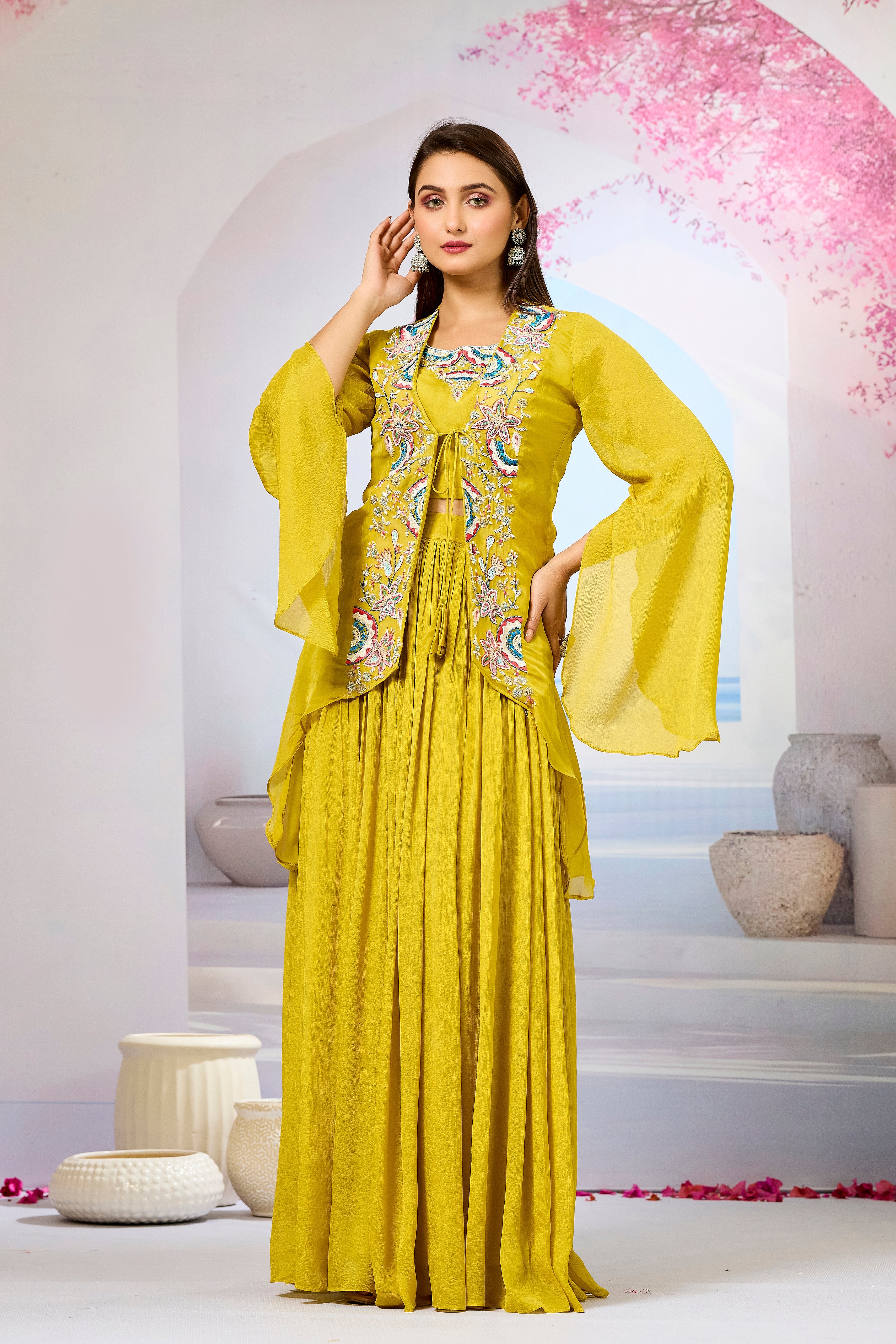 Yellow Embellished Organza Silk Cape Set