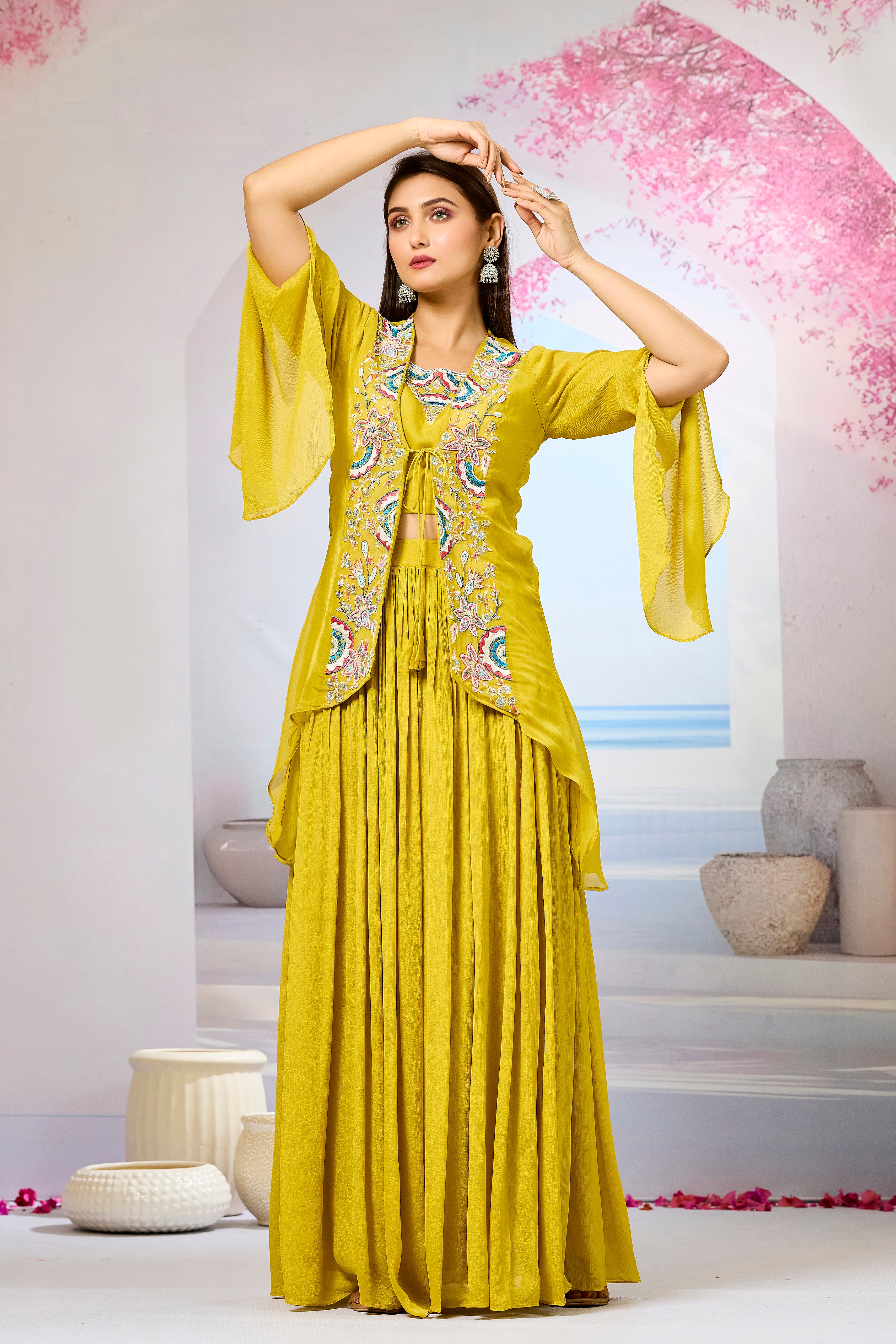Yellow Embellished Organza Silk Cape Set