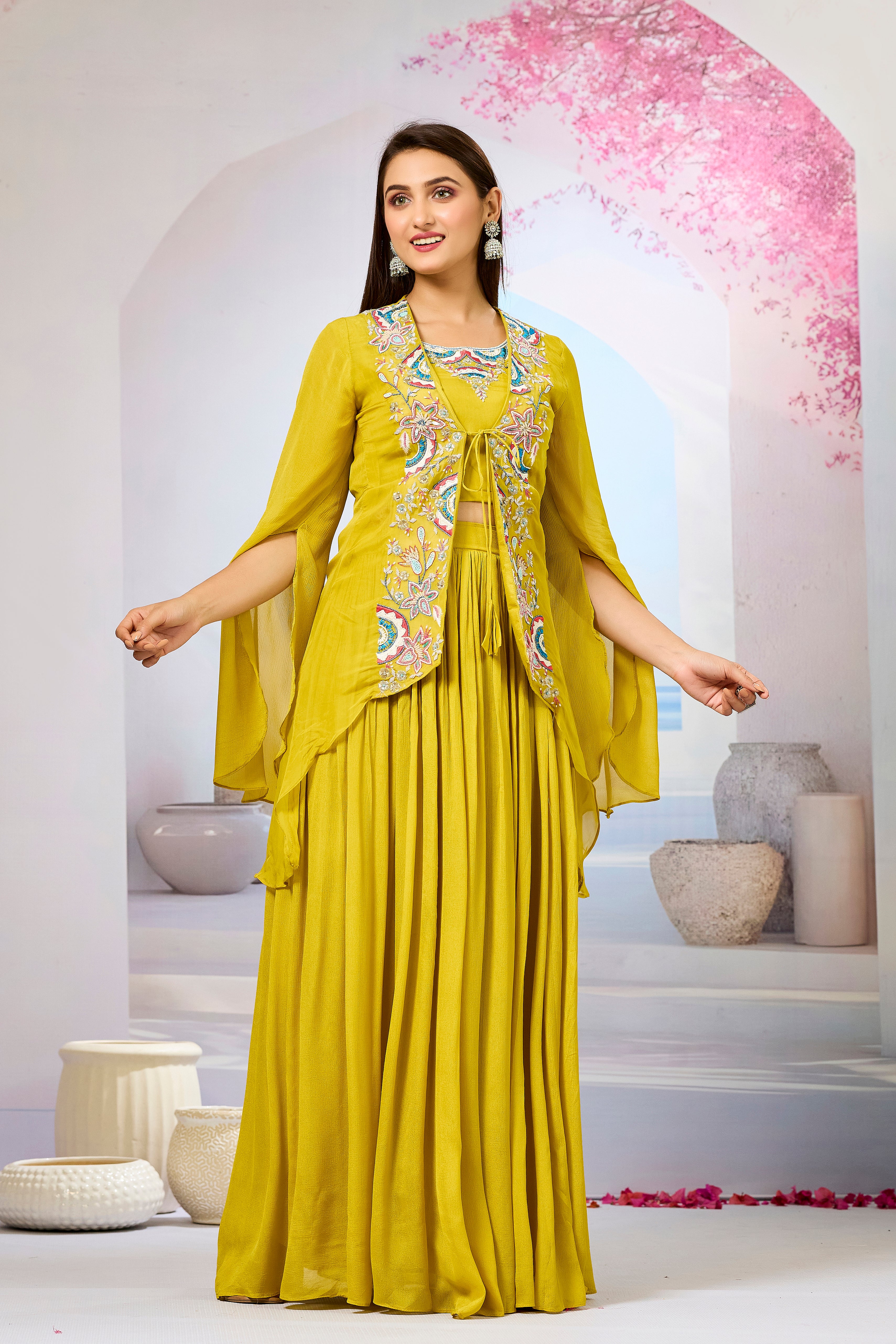 Yellow Embellished Organza Silk Cape Set