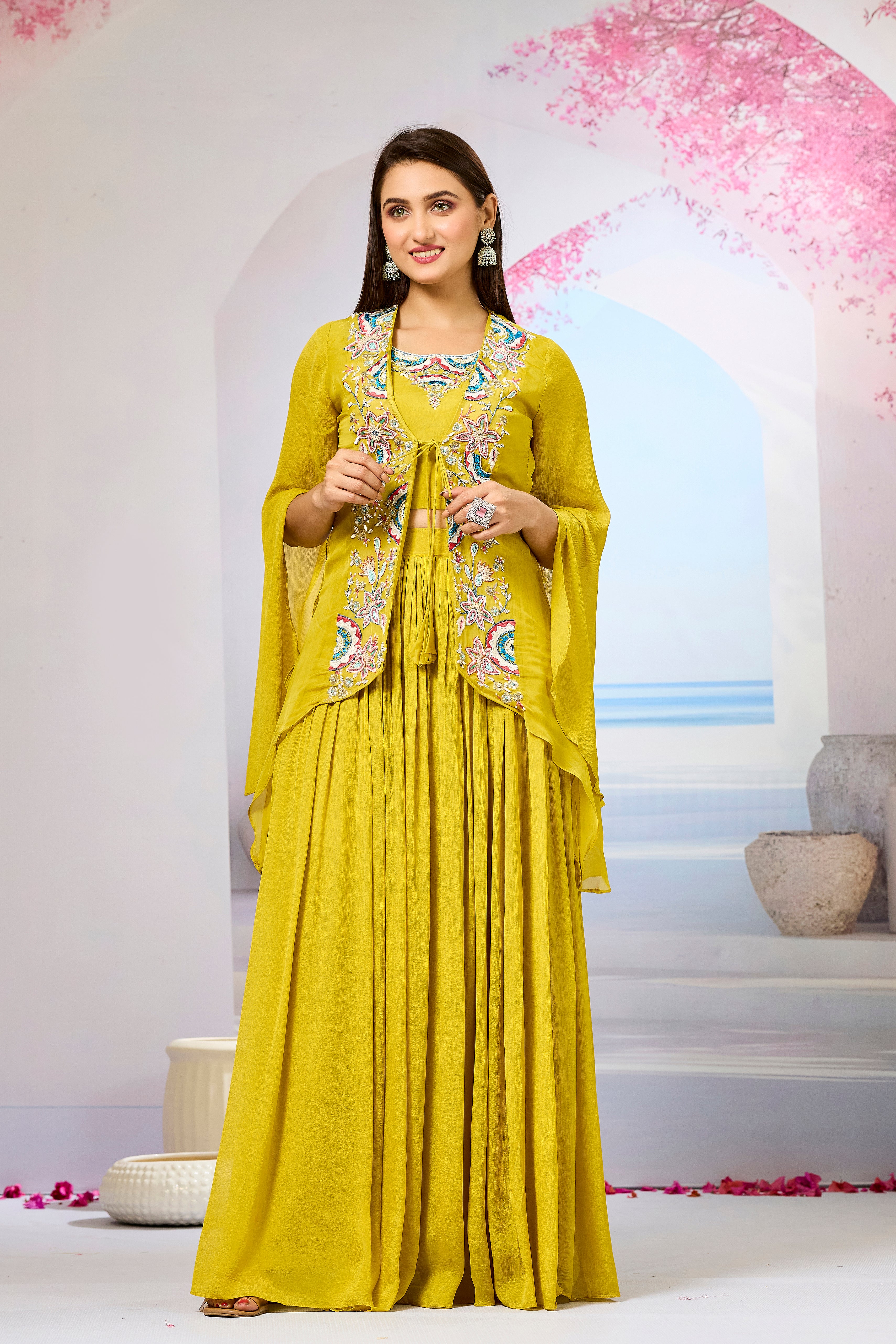 Yellow Embellished Organza Silk Cape Set