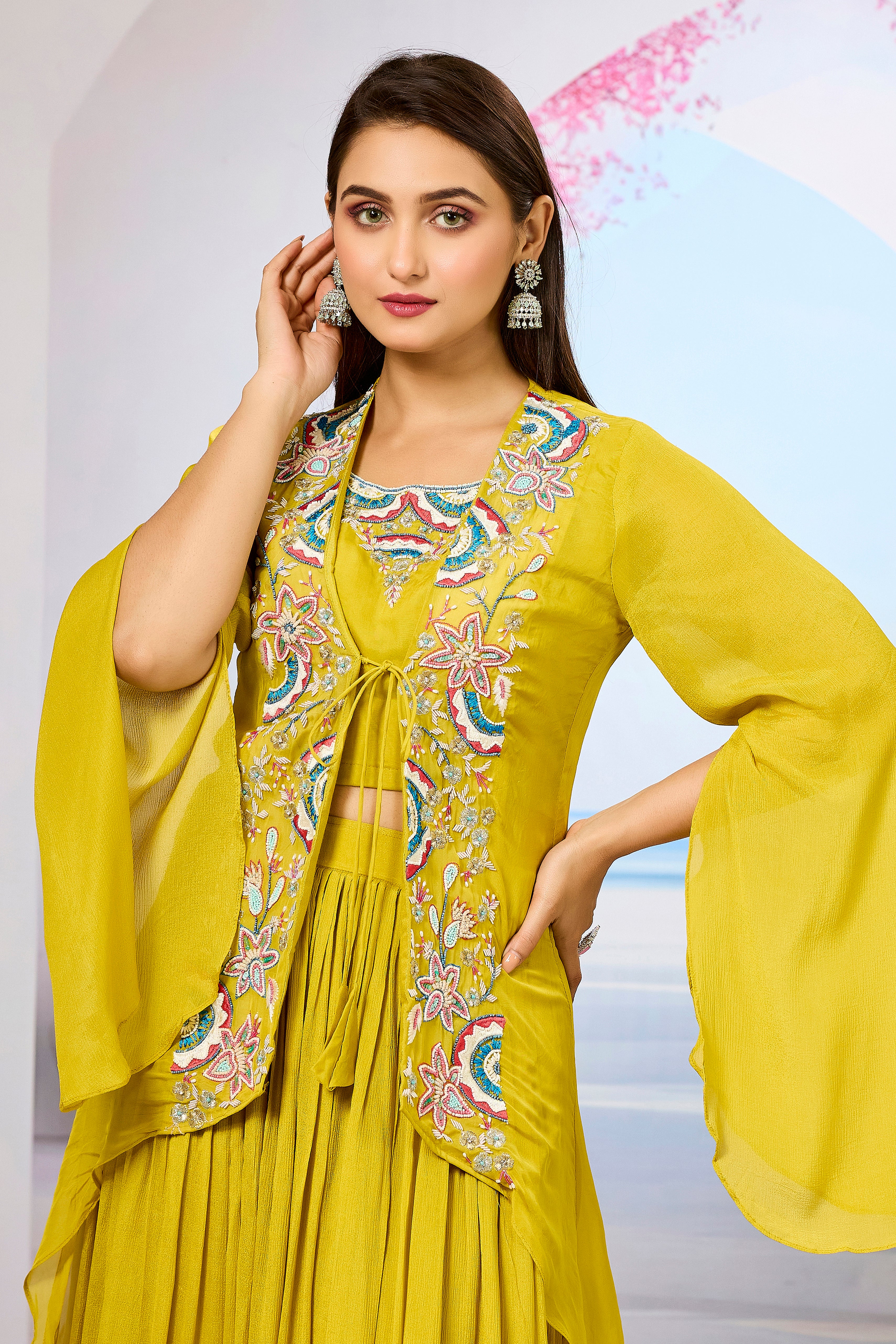 Yellow Embellished Organza Silk Cape Set