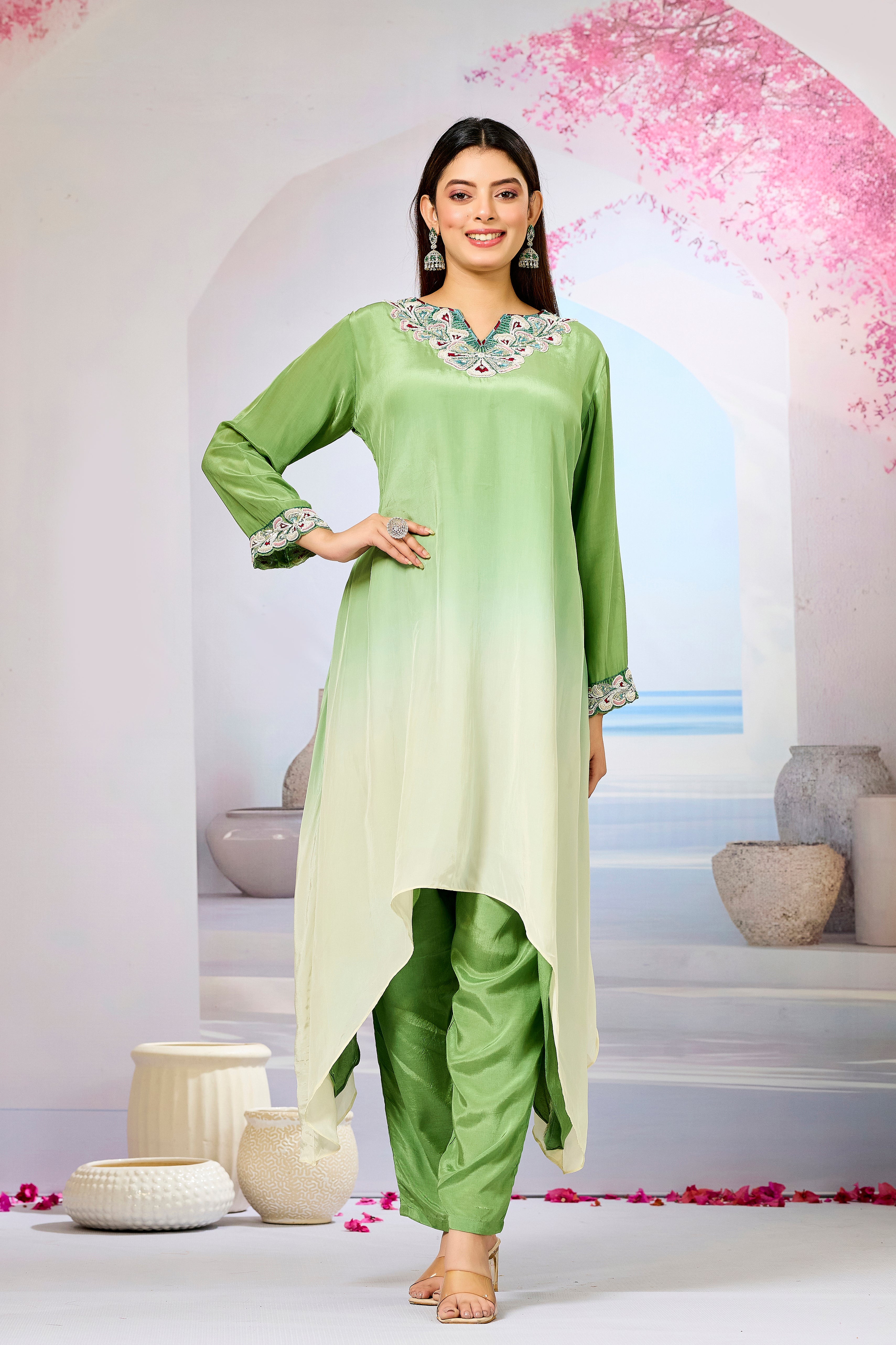Green Ombre-Dyed Crepe Silk Kurta & Pant Set