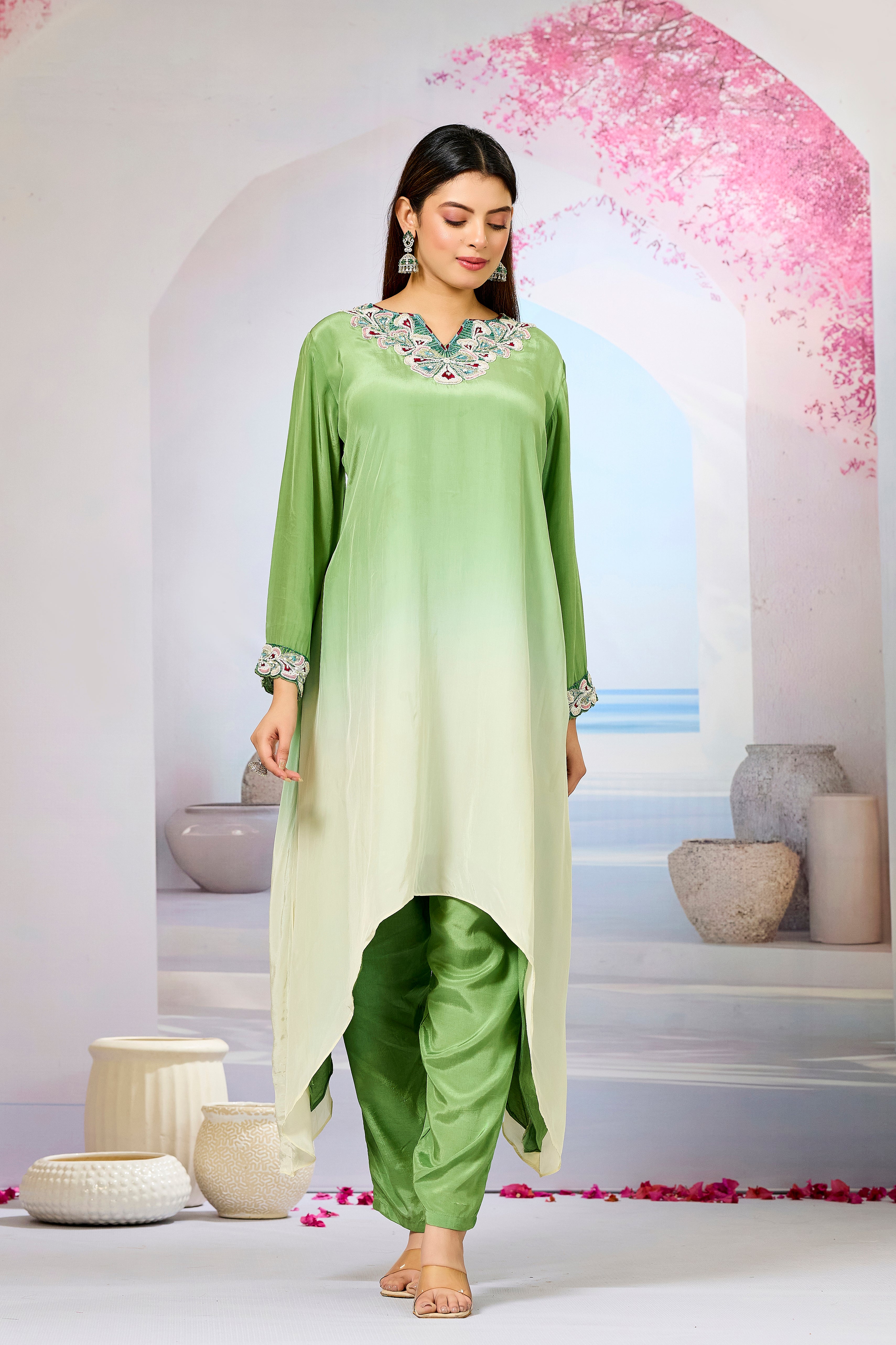 Green Ombre-Dyed Crepe Silk Kurta & Pant Set