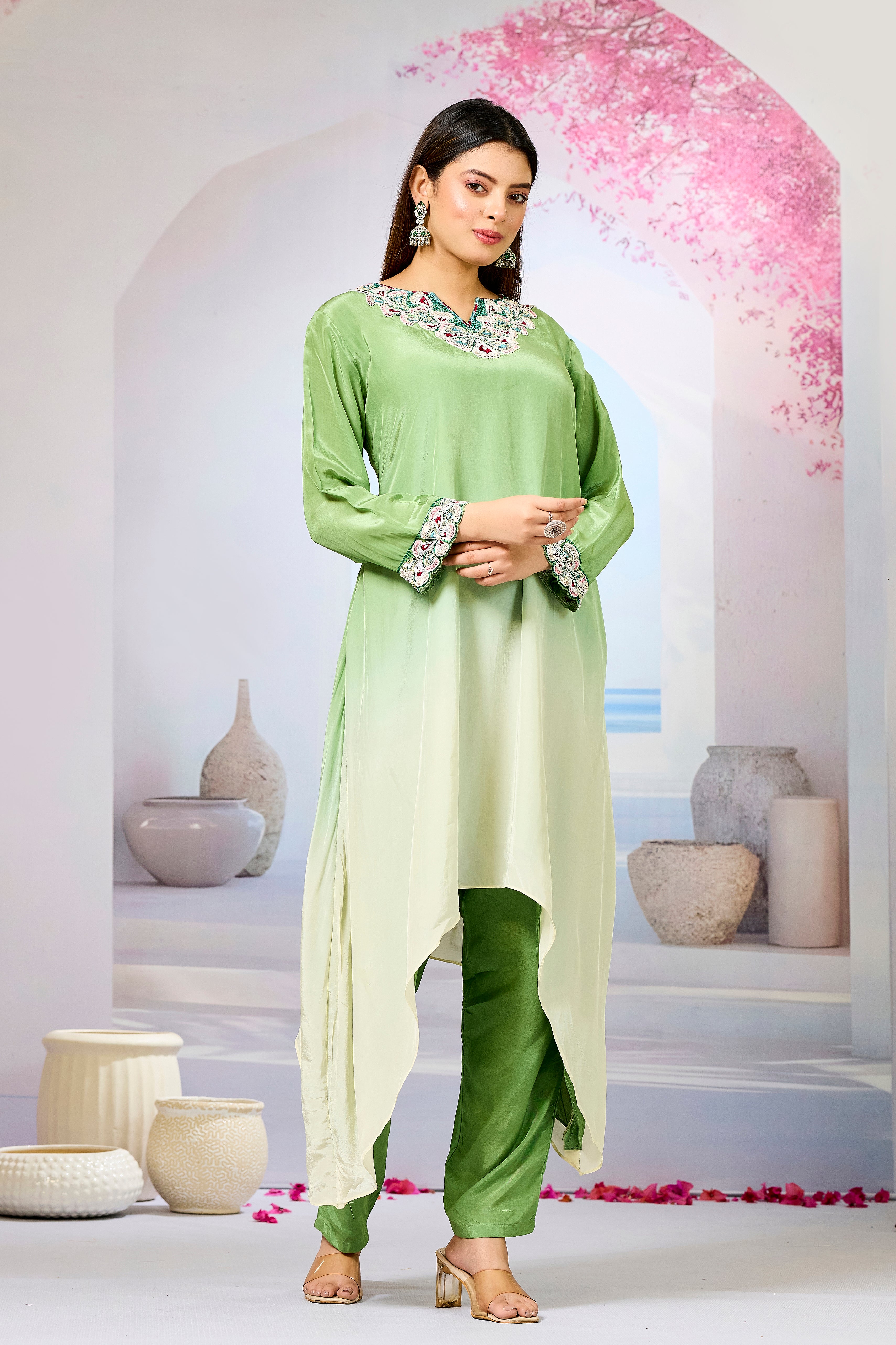Green Ombre-Dyed Crepe Silk Kurta & Pant Set