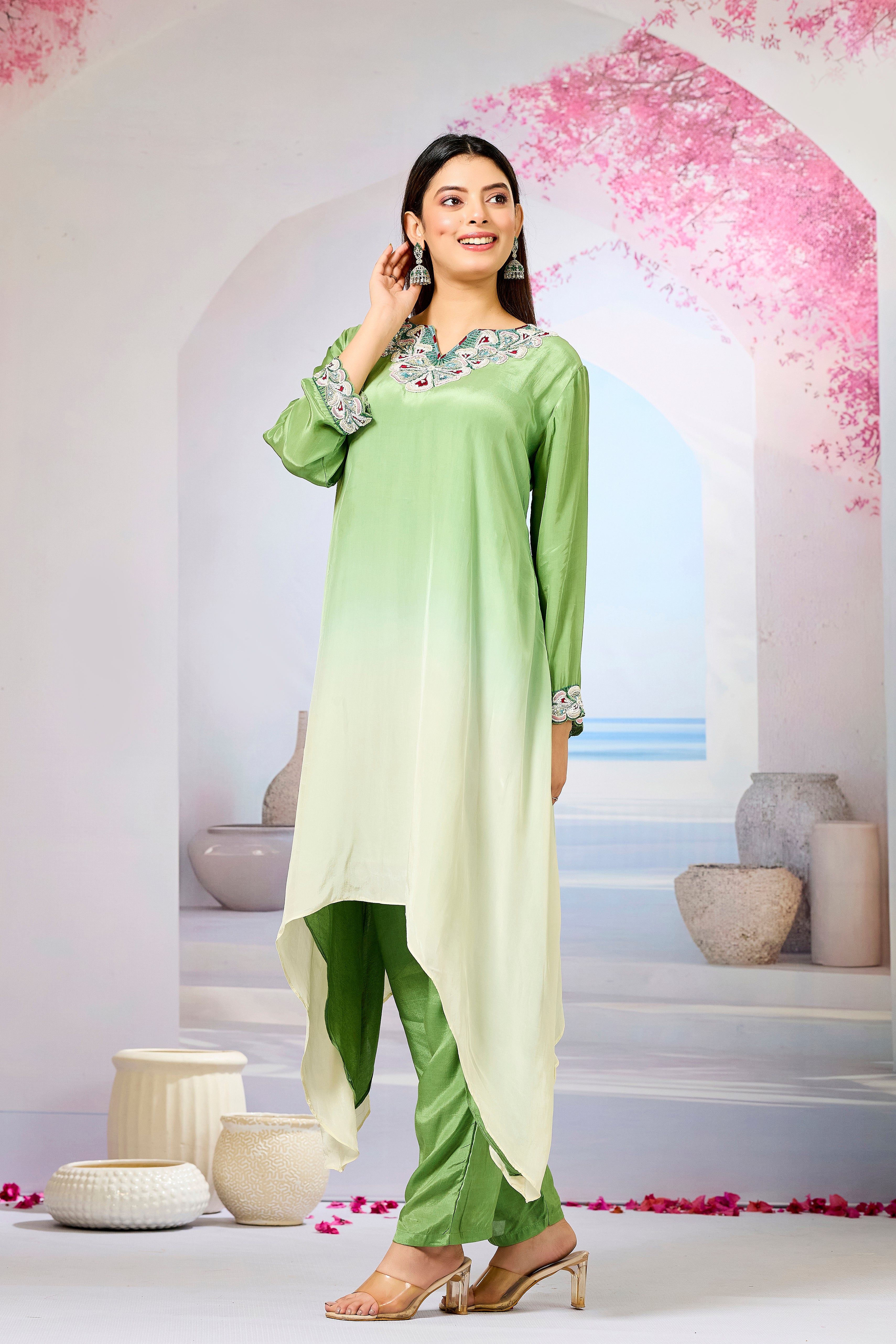 Green Ombre-Dyed Crepe Silk Kurta & Pant Set