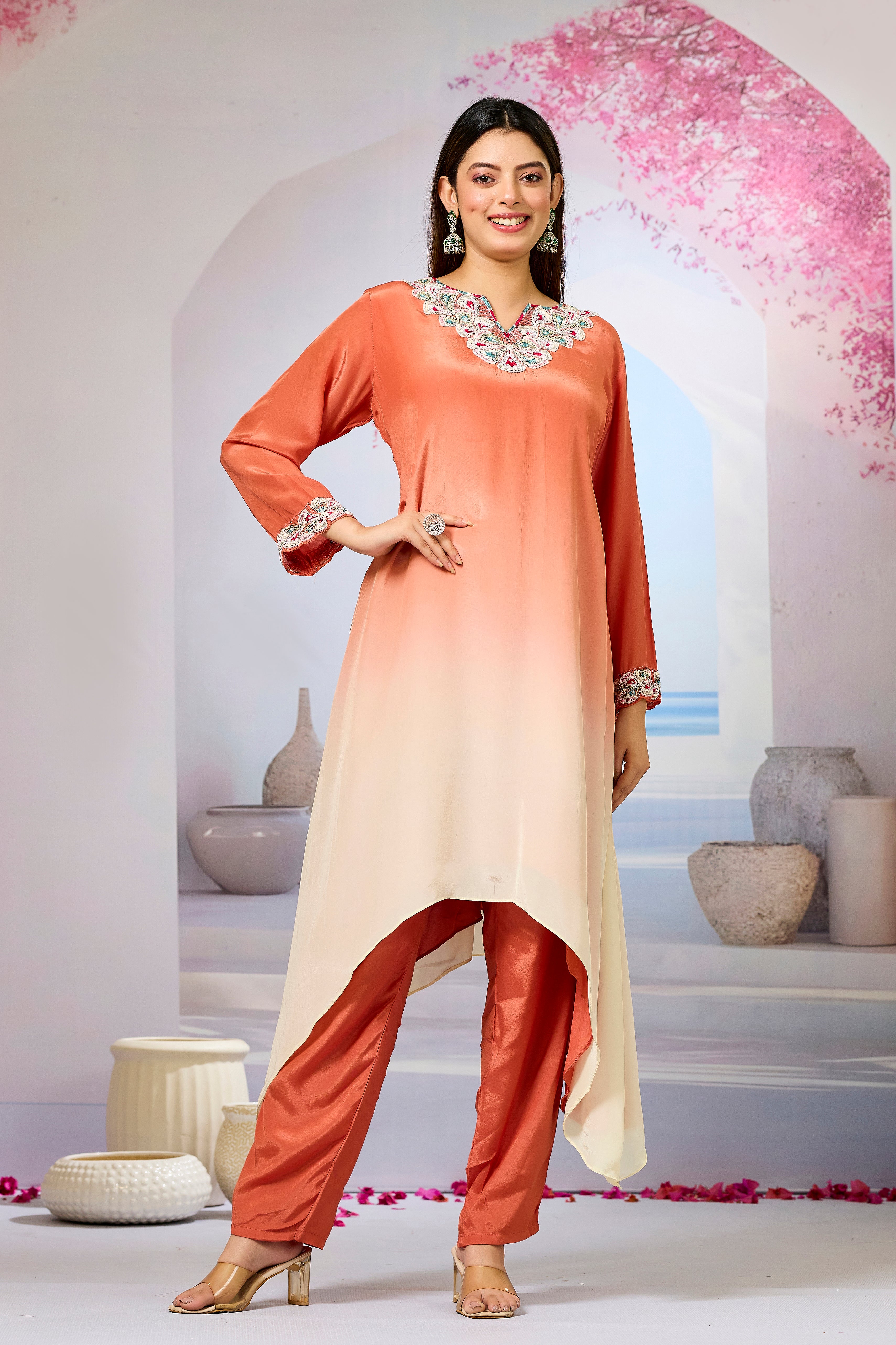 Orange Ombre-Dyed Crepe Silk Kurta & Pant Set