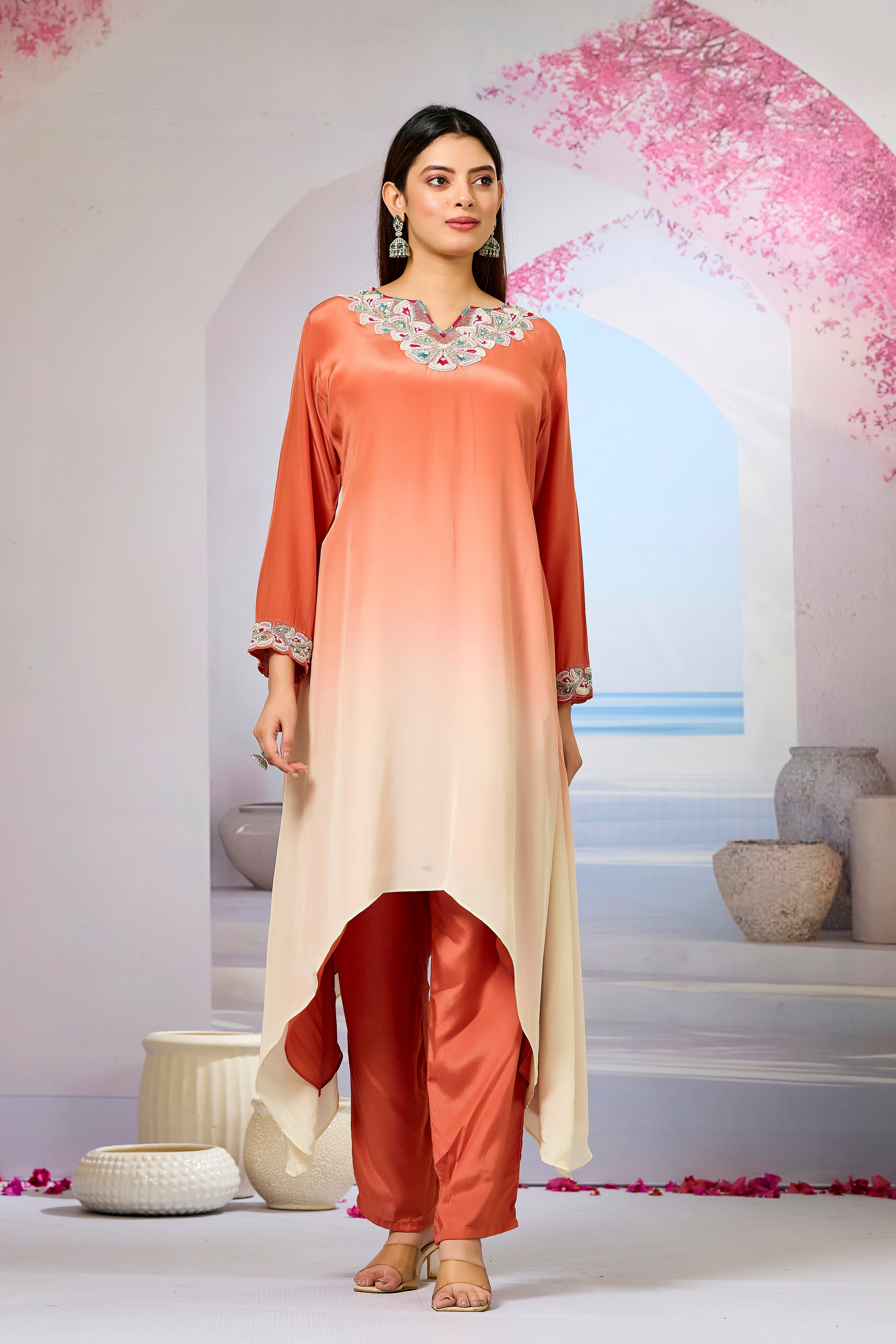 Orange Ombre-Dyed Crepe Silk Kurta & Pant Set