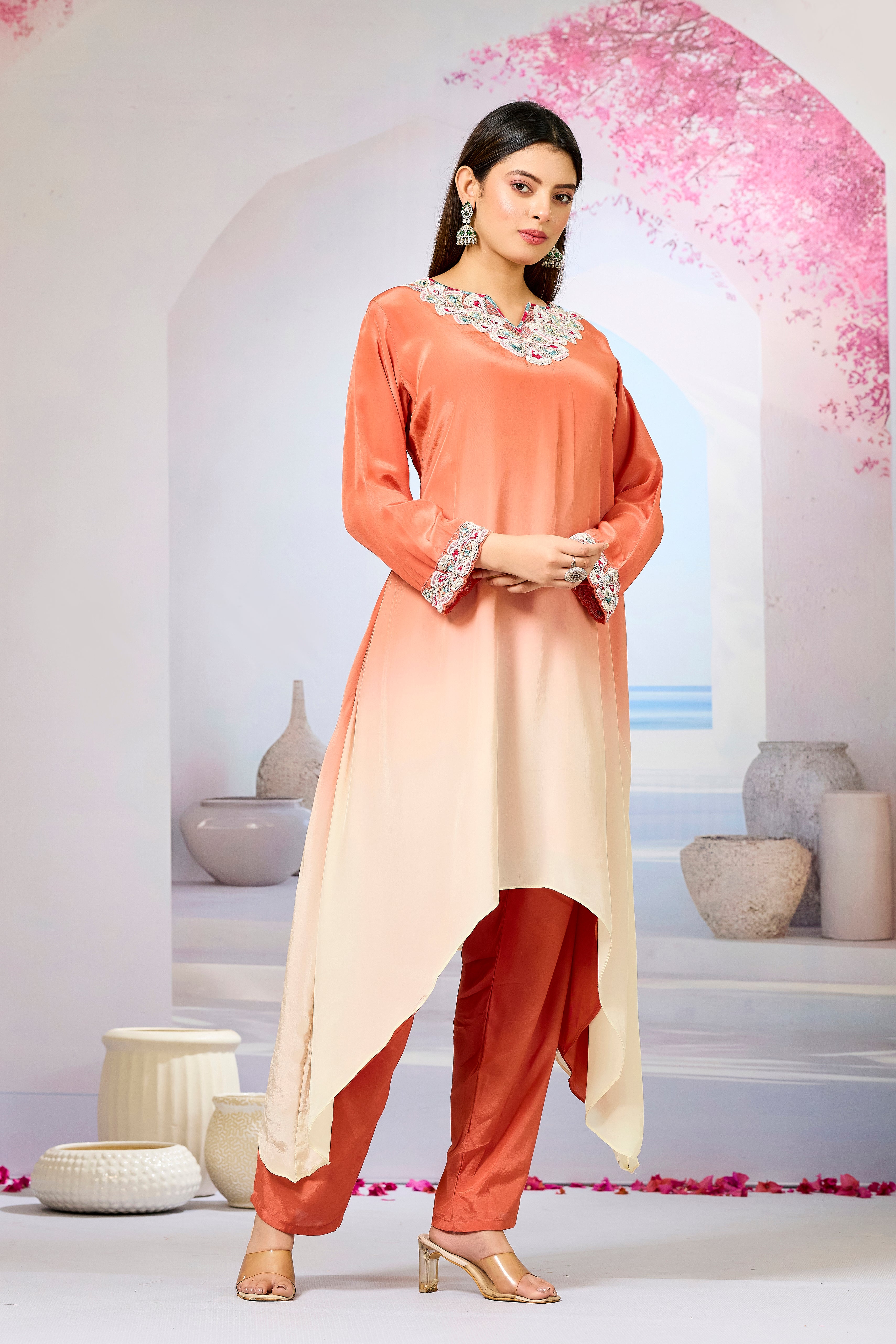 Orange Ombre-Dyed Crepe Silk Kurta & Pant Set