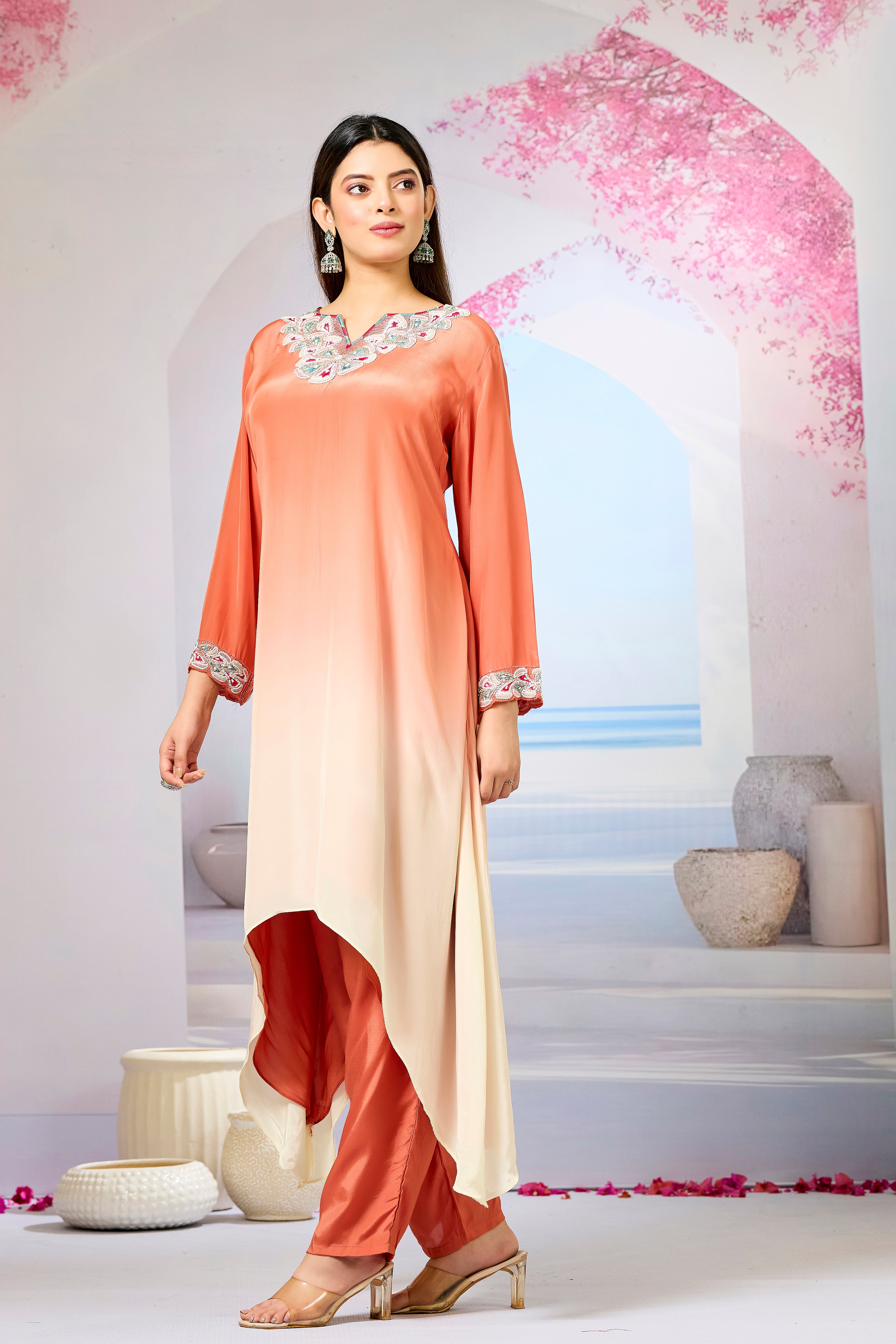Orange Ombre-Dyed Crepe Silk Kurta & Pant Set