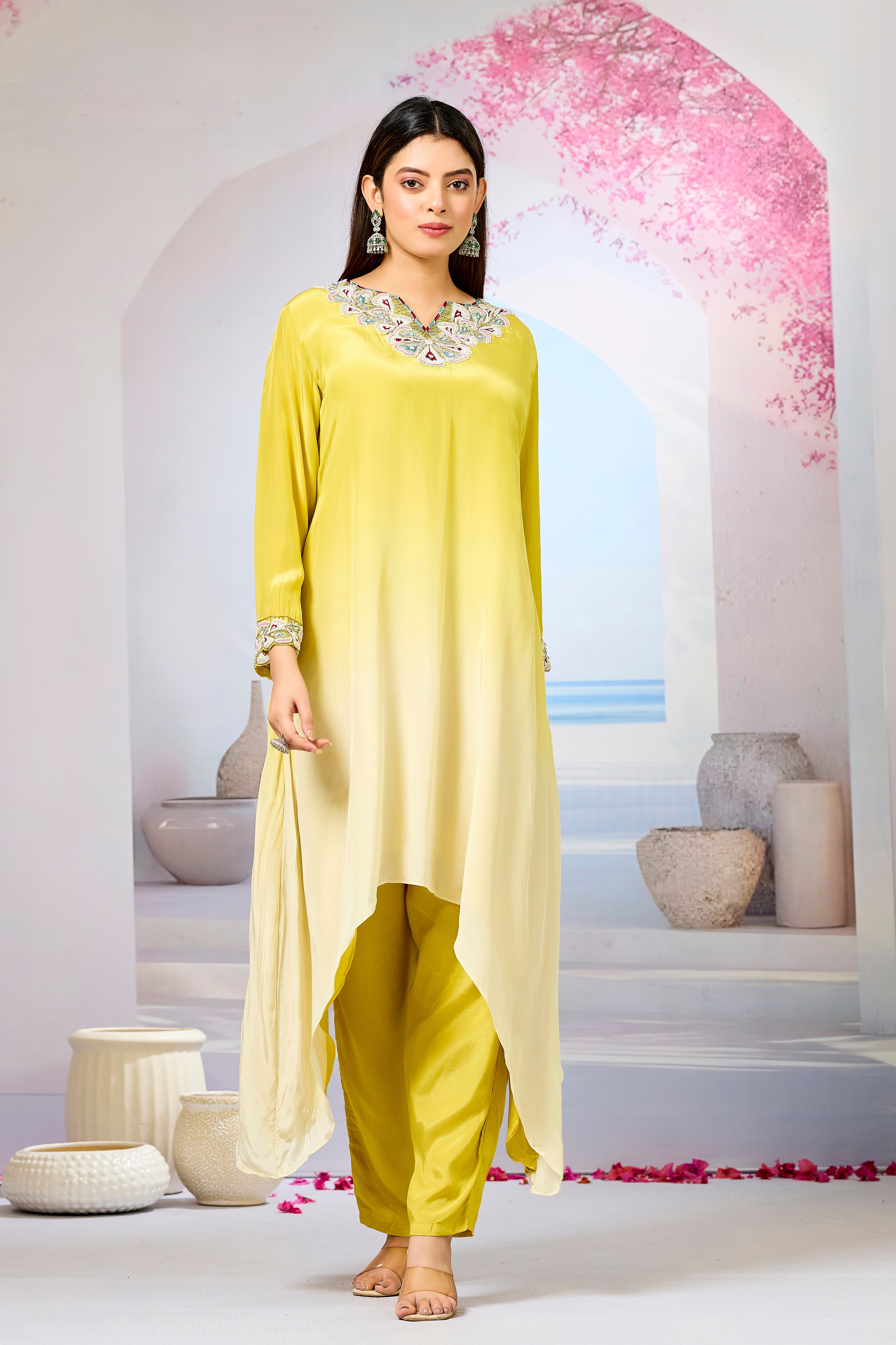 Yellow Ombre-Dyed Crepe Silk Kurta & Pant Set