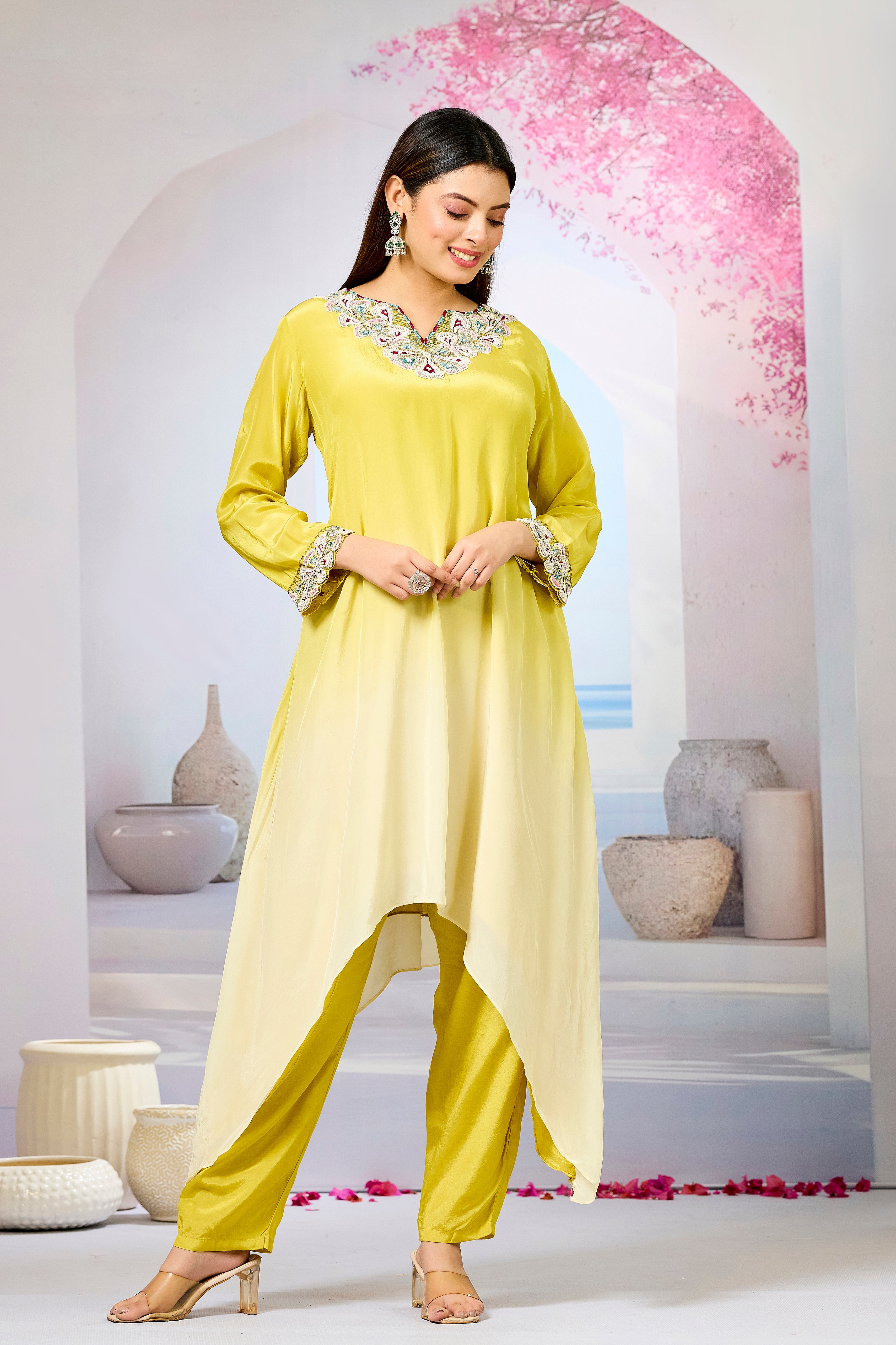Yellow Ombre-Dyed Crepe Silk Kurta & Pant Set