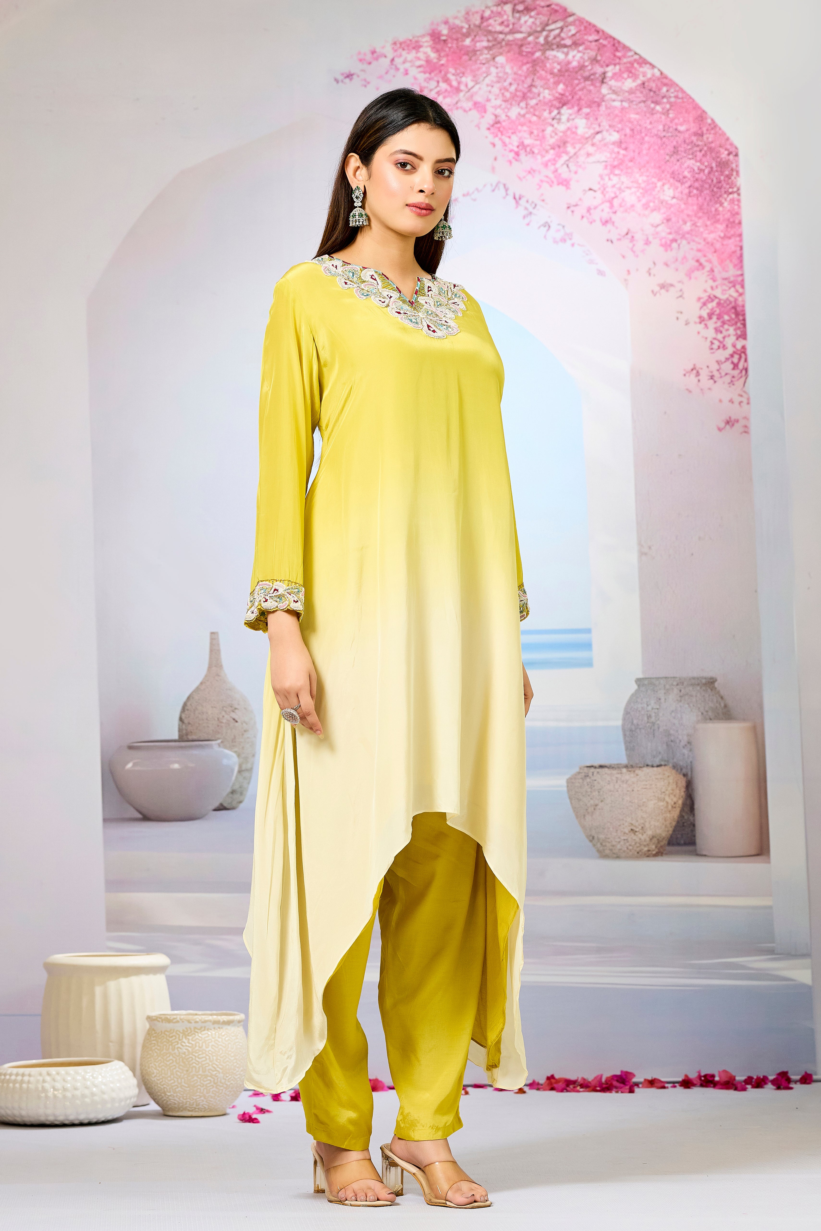 Yellow Ombre-Dyed Crepe Silk Kurta & Pant Set