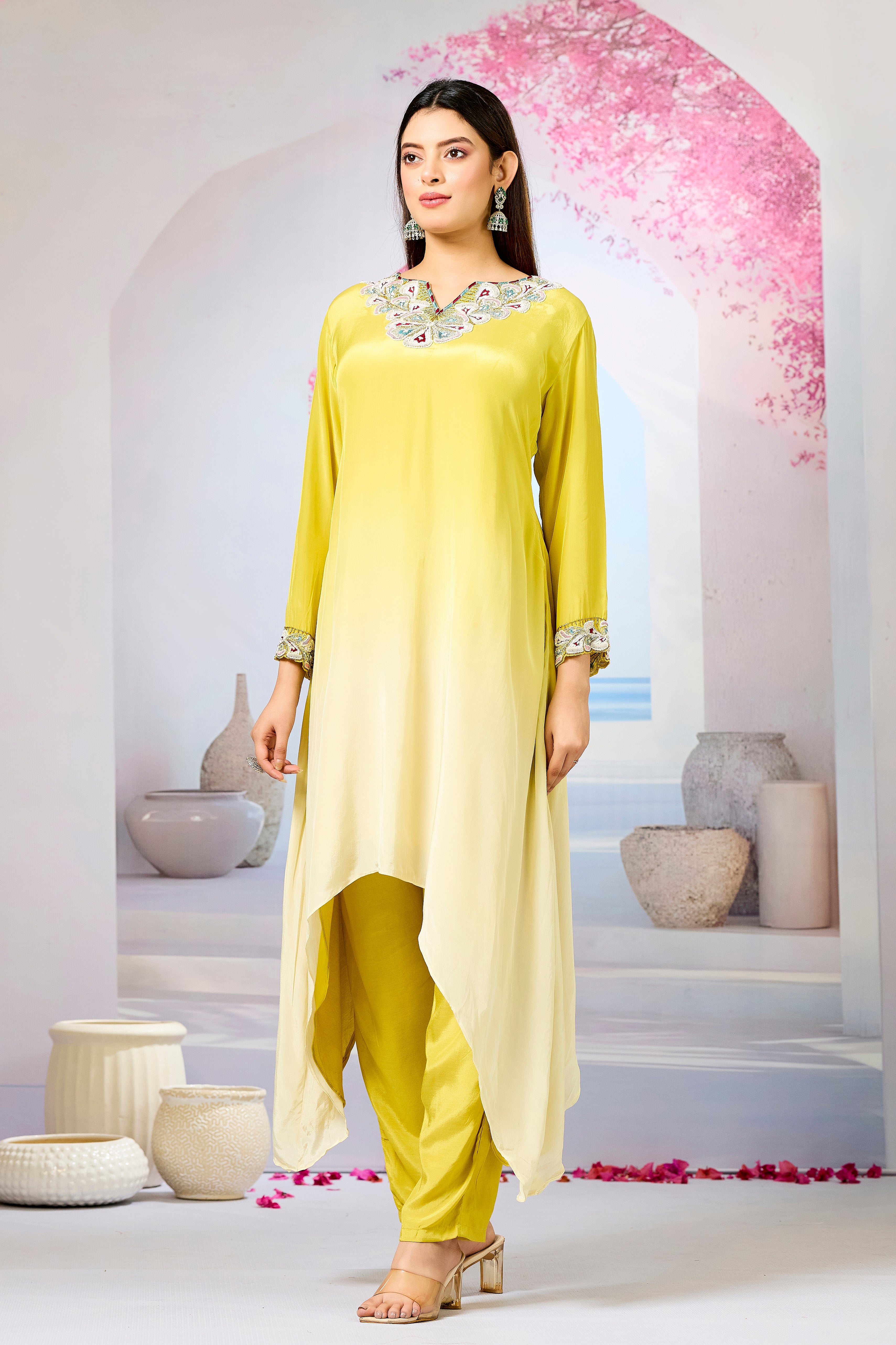 Yellow Ombre-Dyed Crepe Silk Kurta & Pant Set