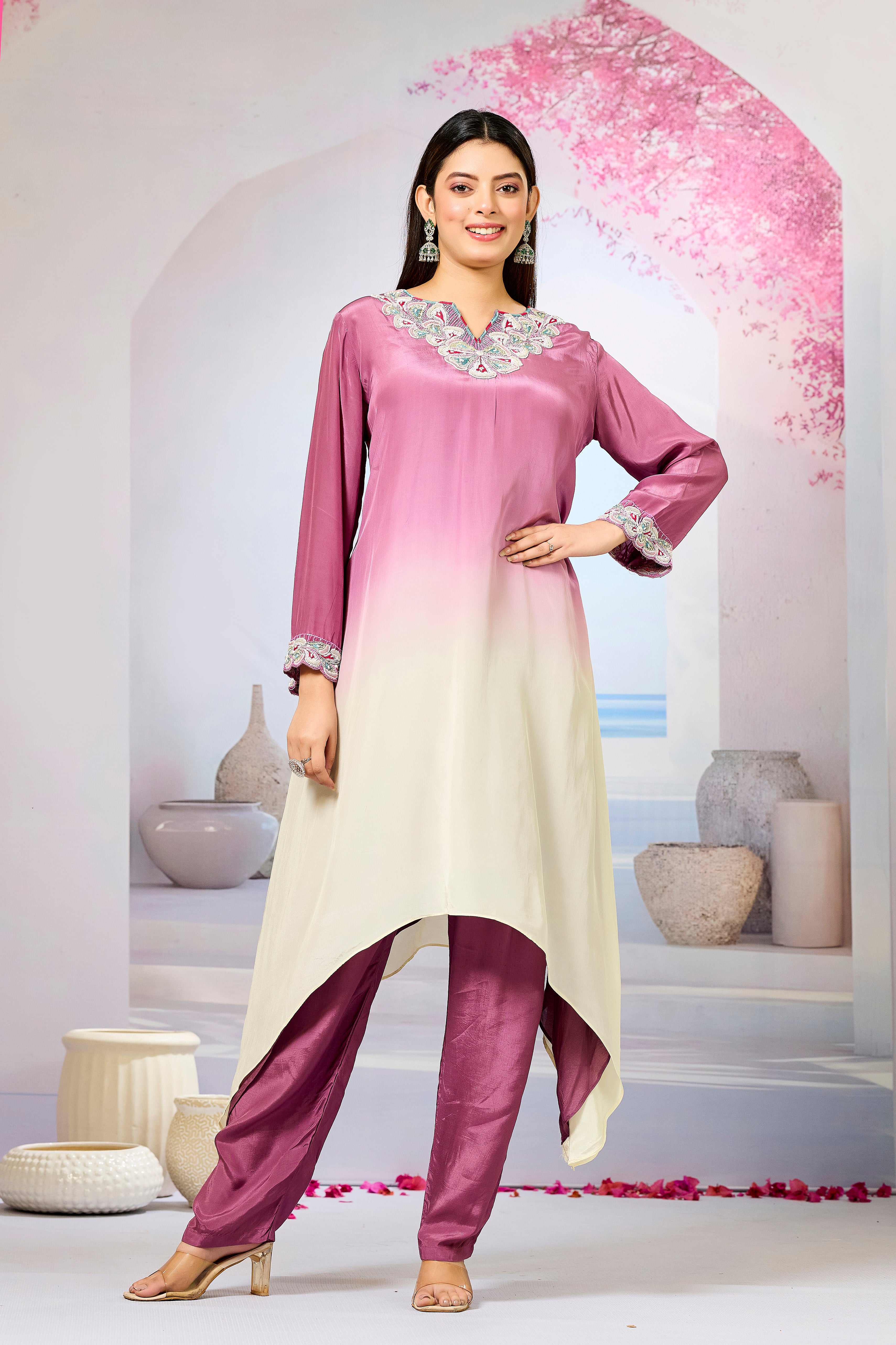Mauve Ombre-Dyed Crepe Silk Kurta & Pant Set