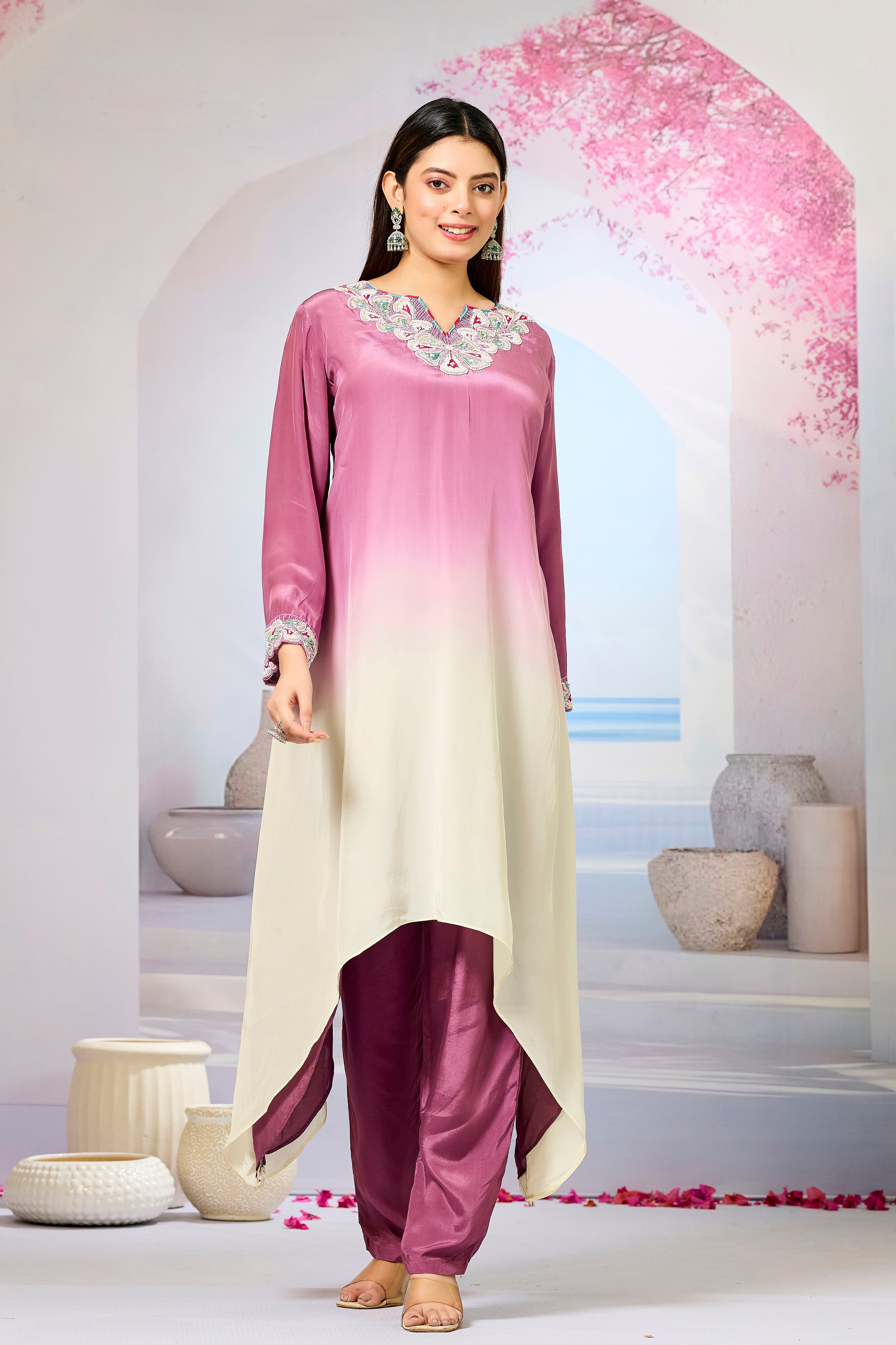 Mauve Ombre-Dyed Crepe Silk Kurta & Pant Set