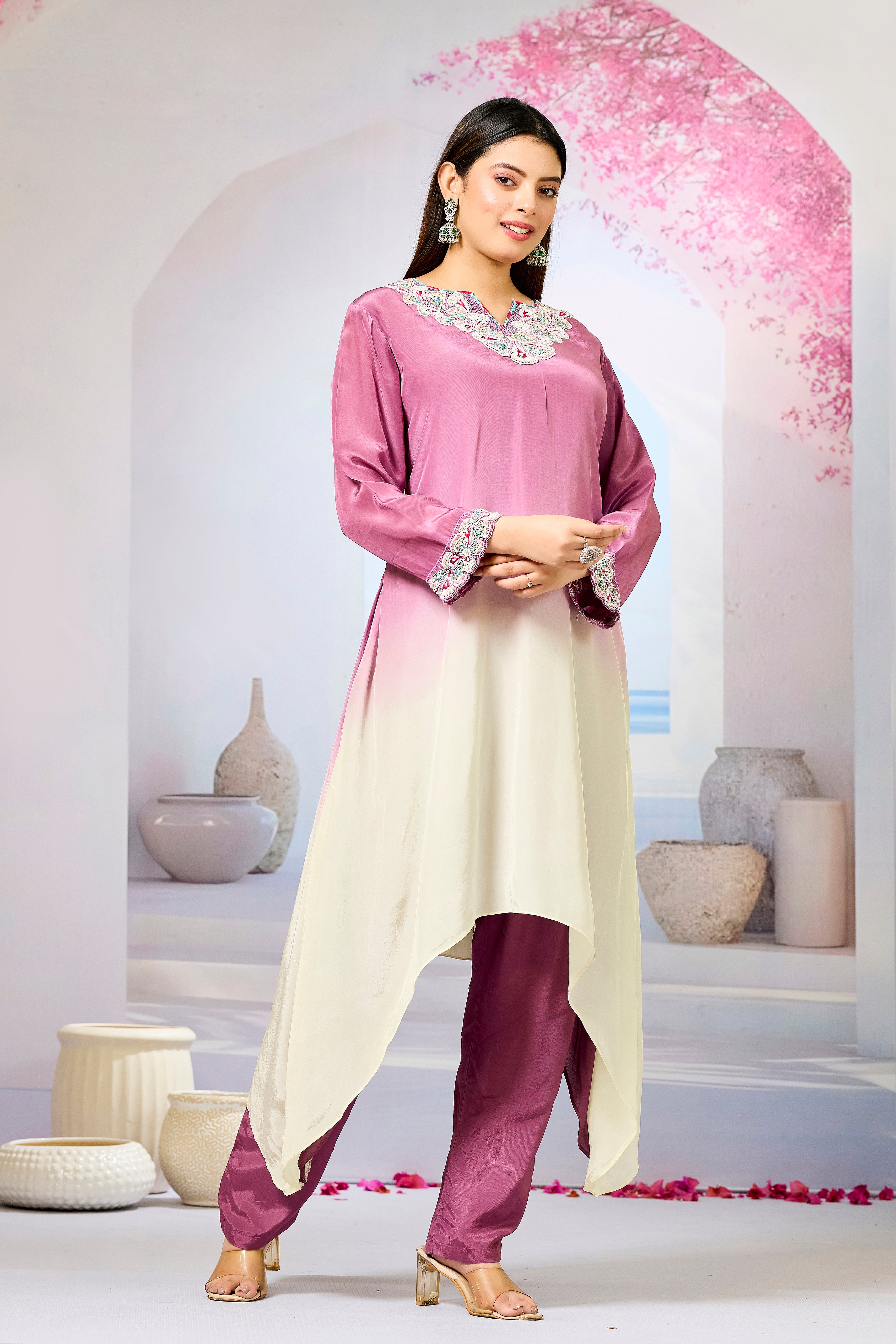 Mauve Ombre-Dyed Crepe Silk Kurta & Pant Set