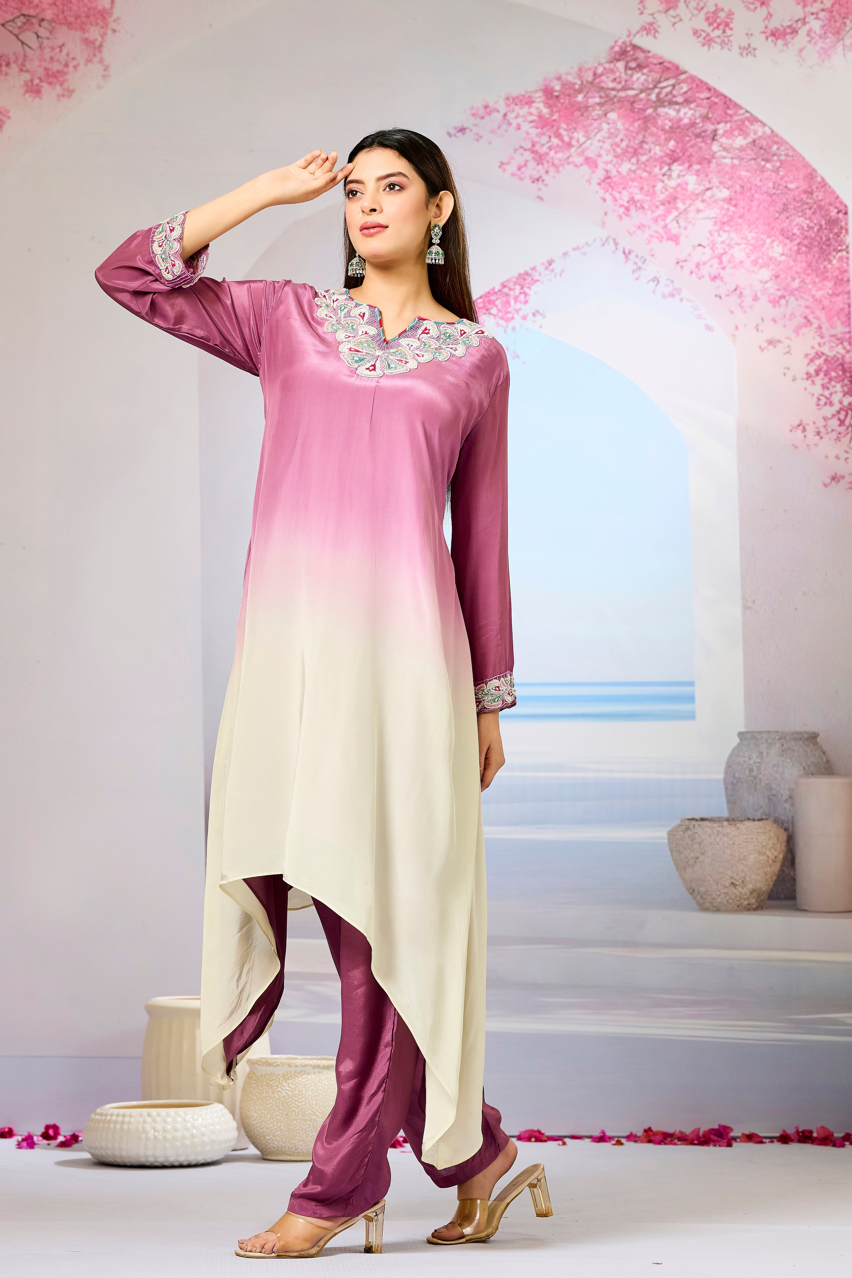 Mauve Ombre-Dyed Crepe Silk Kurta & Pant Set