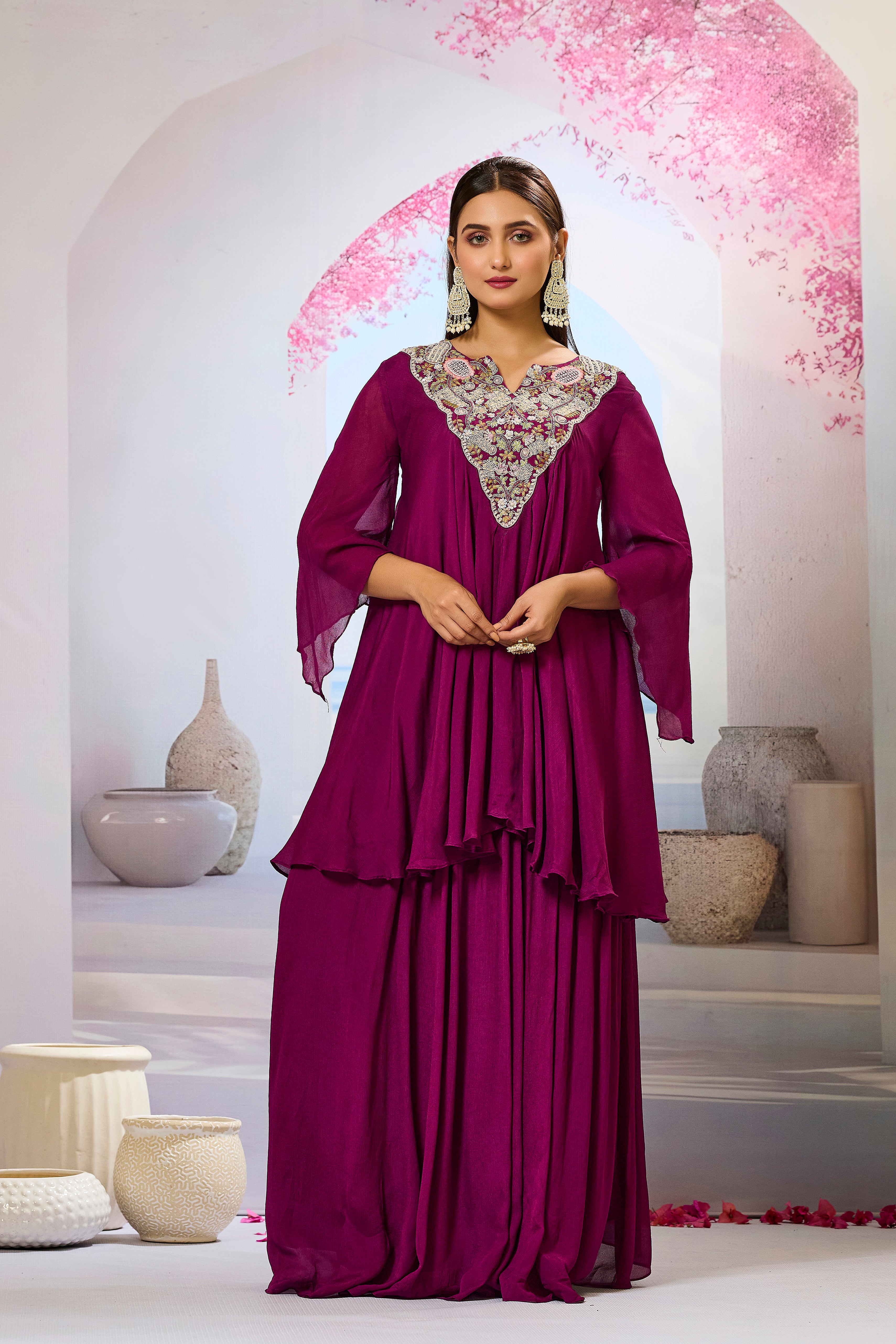 Wine Embellished Chinon Silk Skirt Set