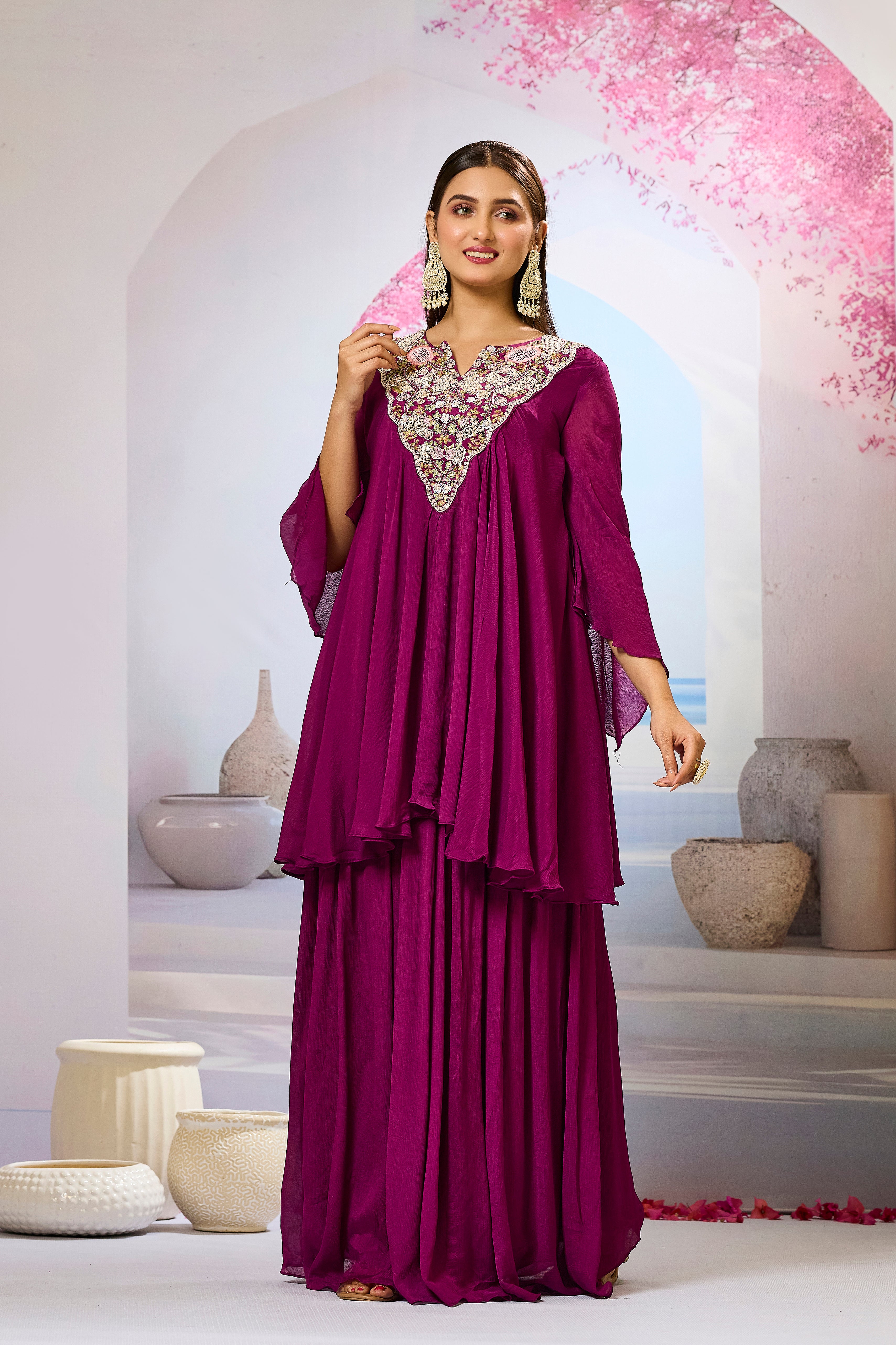 Wine Embellished Chinon Silk Skirt Set