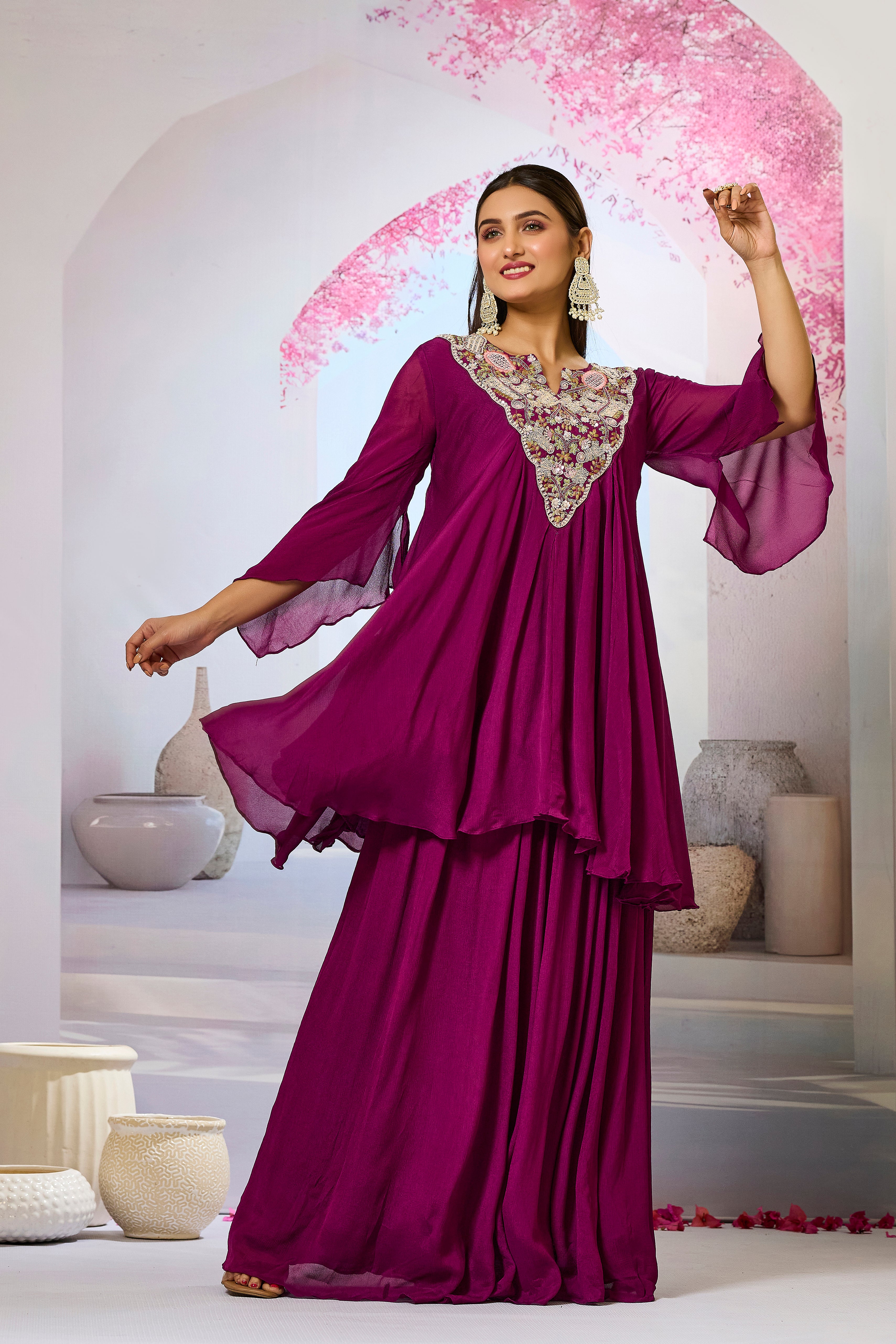 Wine Embellished Chinon Silk Skirt Set