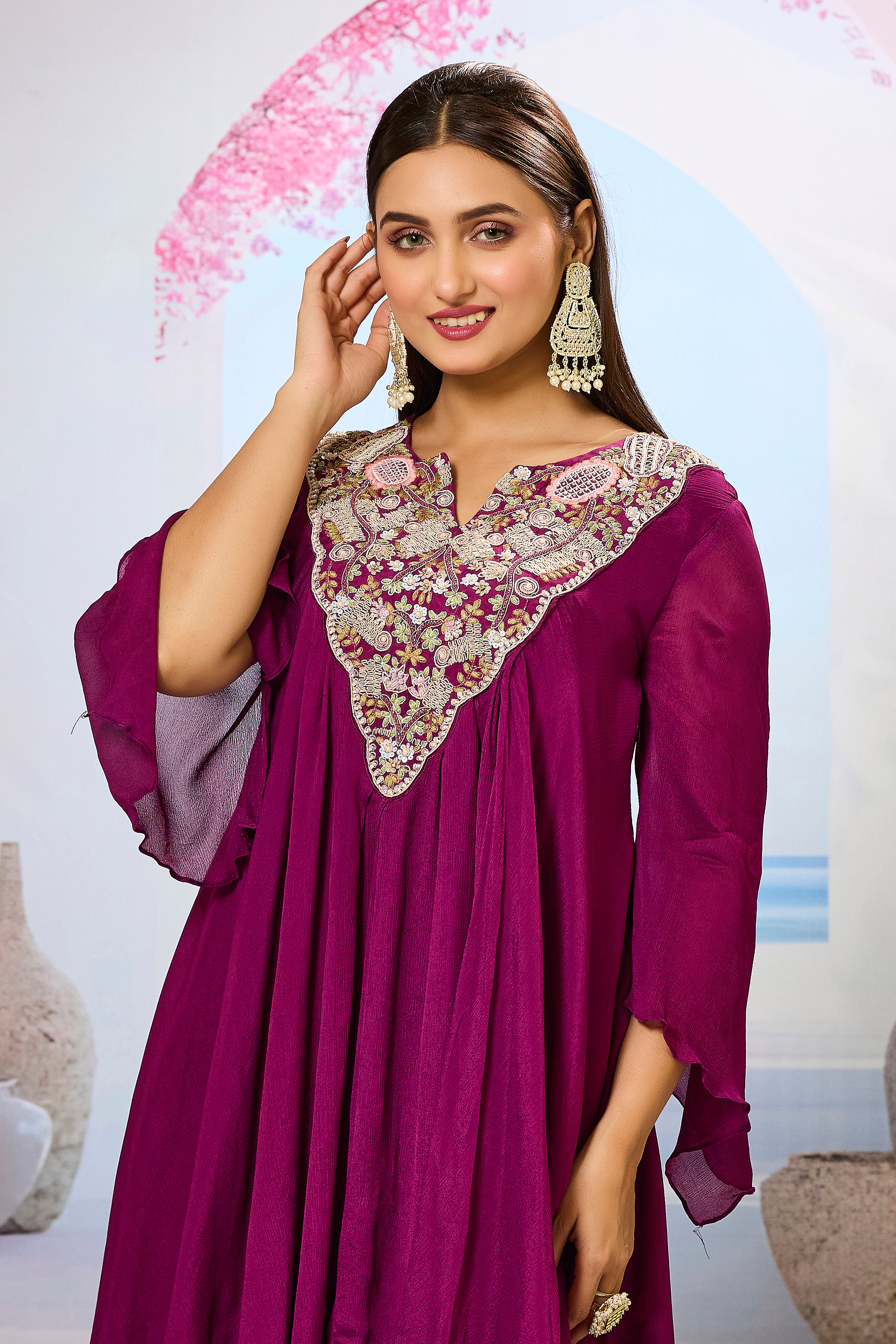 Wine Embellished Chinon Silk Skirt Set