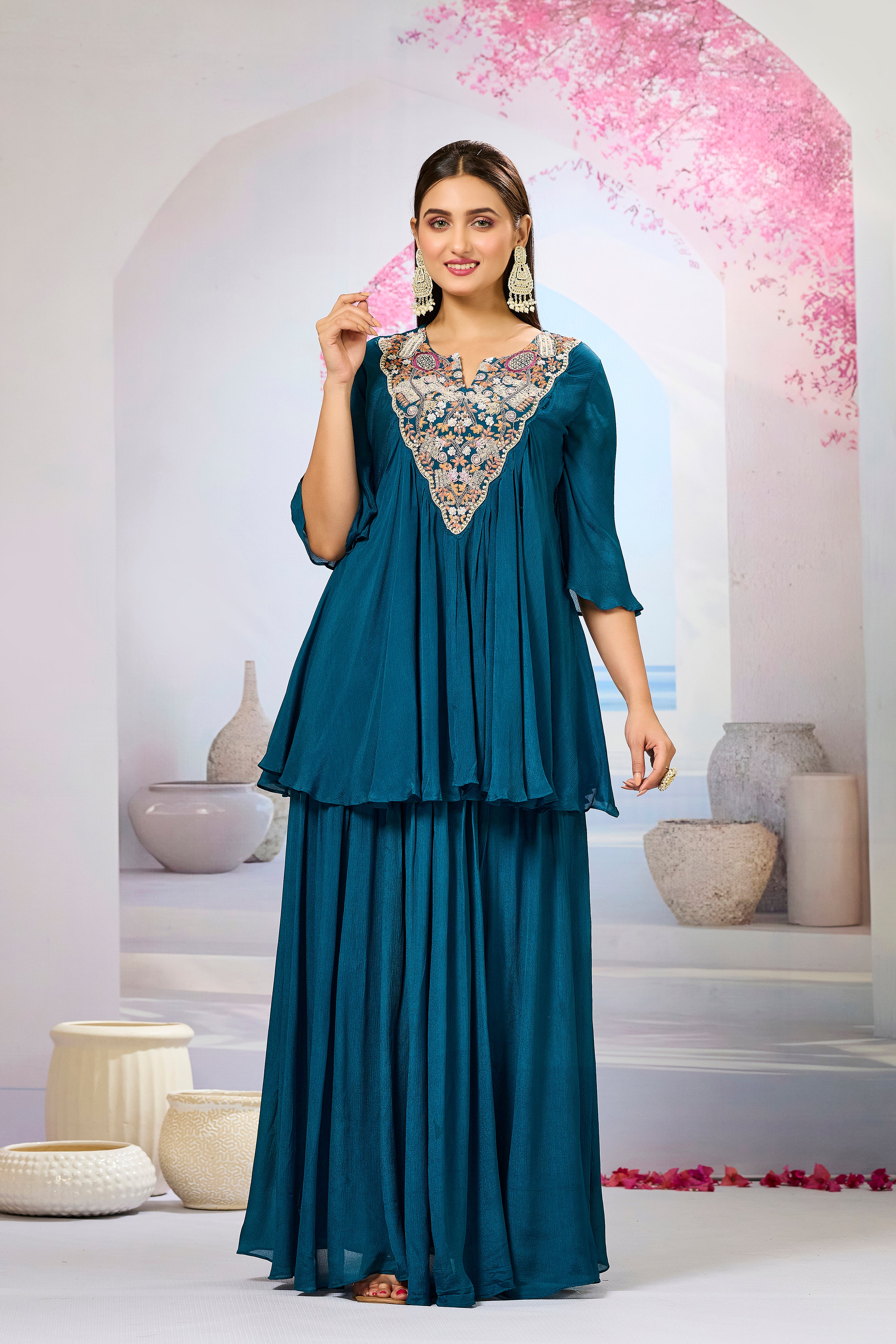 Teal Embellished Chinon Silk Skirt Set