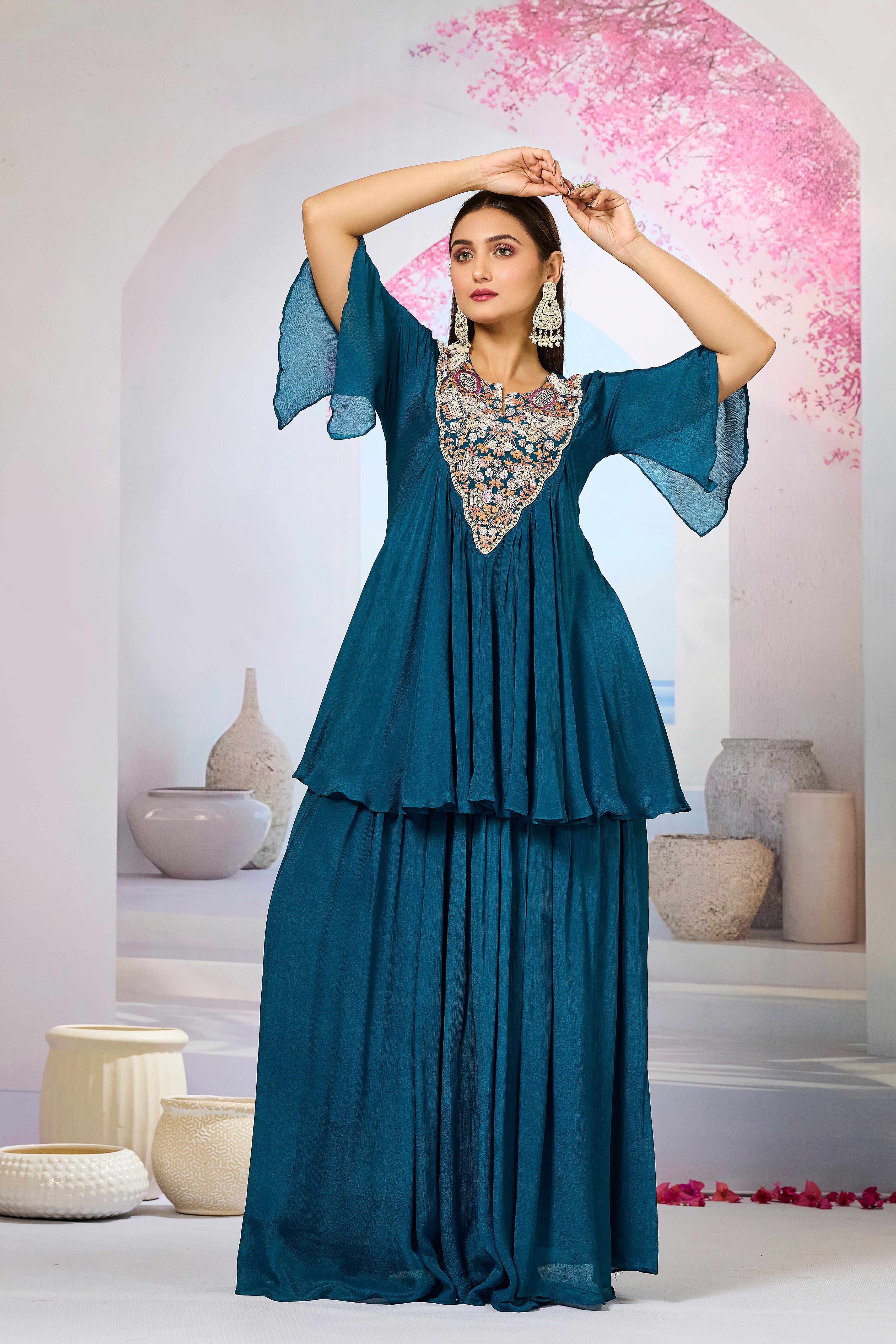 Teal Embellished Chinon Silk Skirt Set