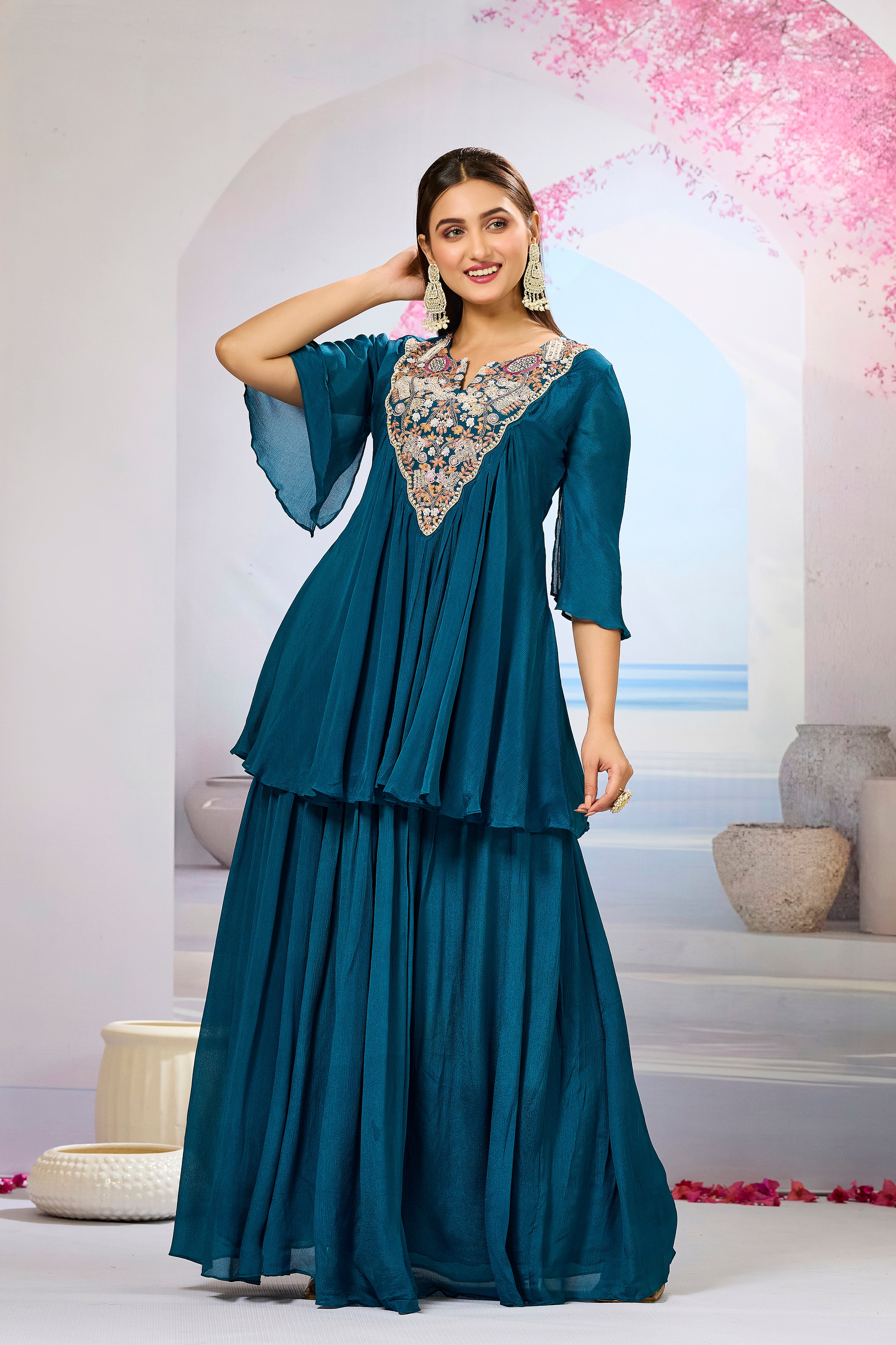 Teal Embellished Chinon Silk Skirt Set