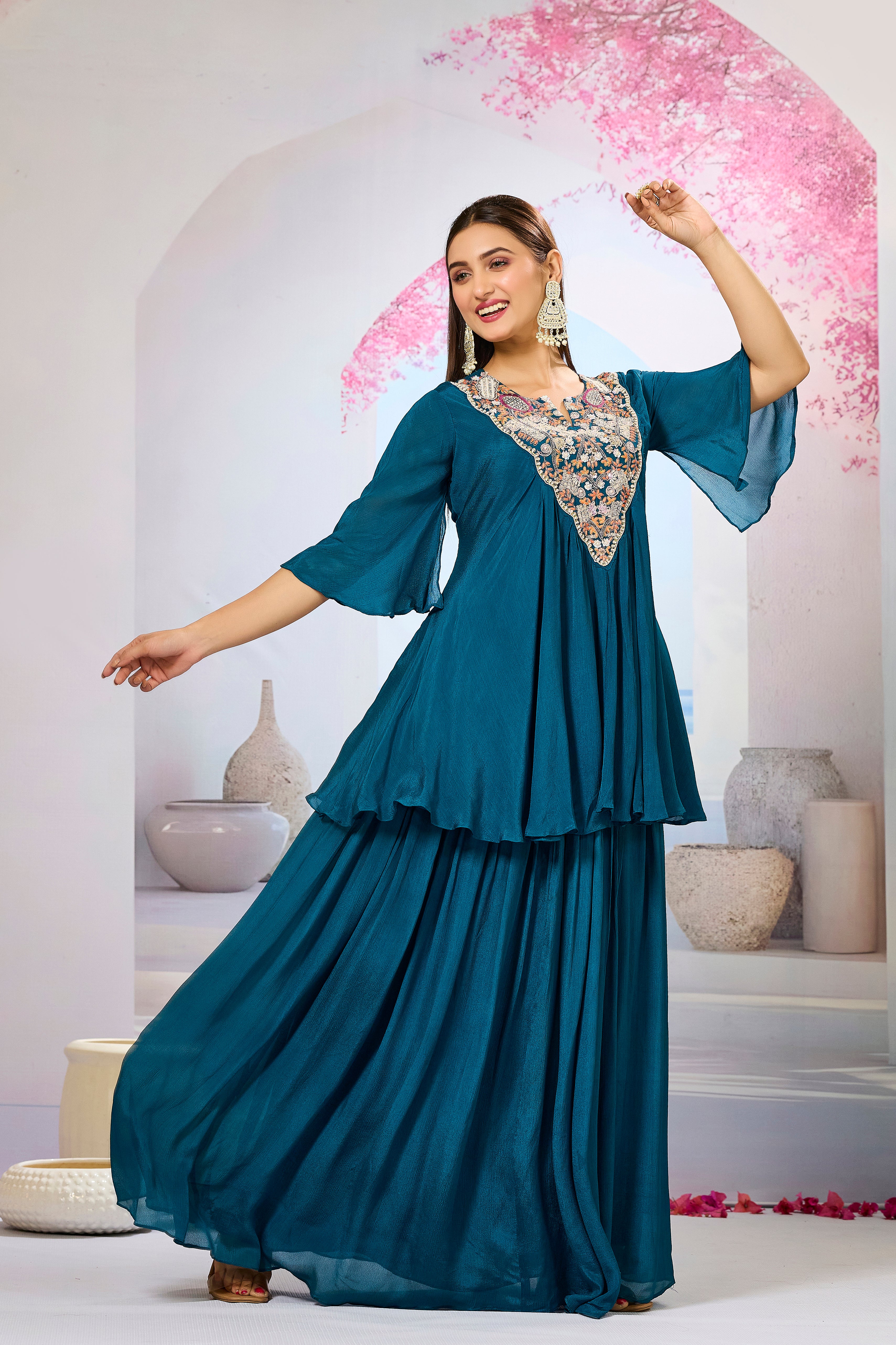 Teal Embellished Chinon Silk Skirt Set