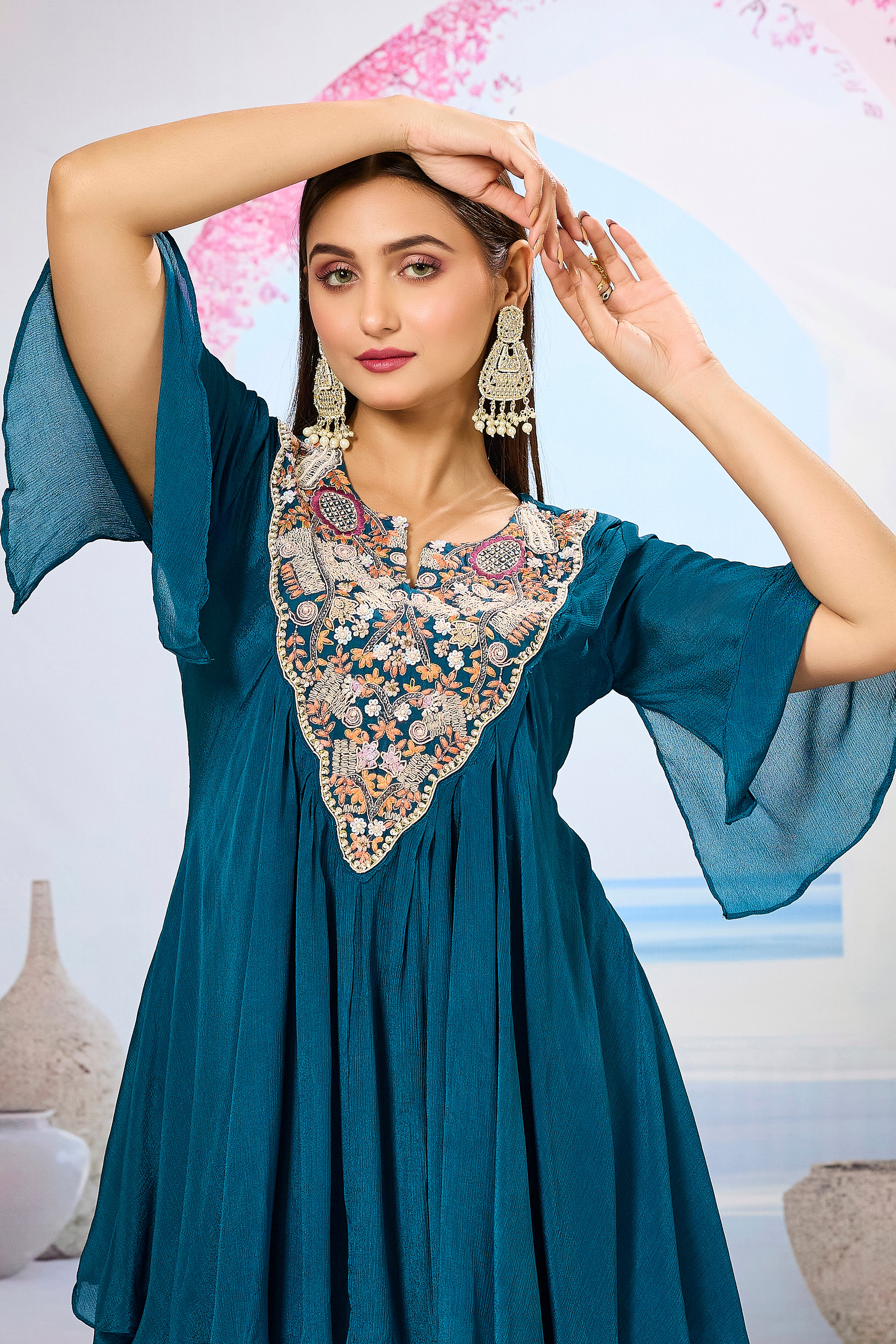 Teal Embellished Chinon Silk Skirt Set