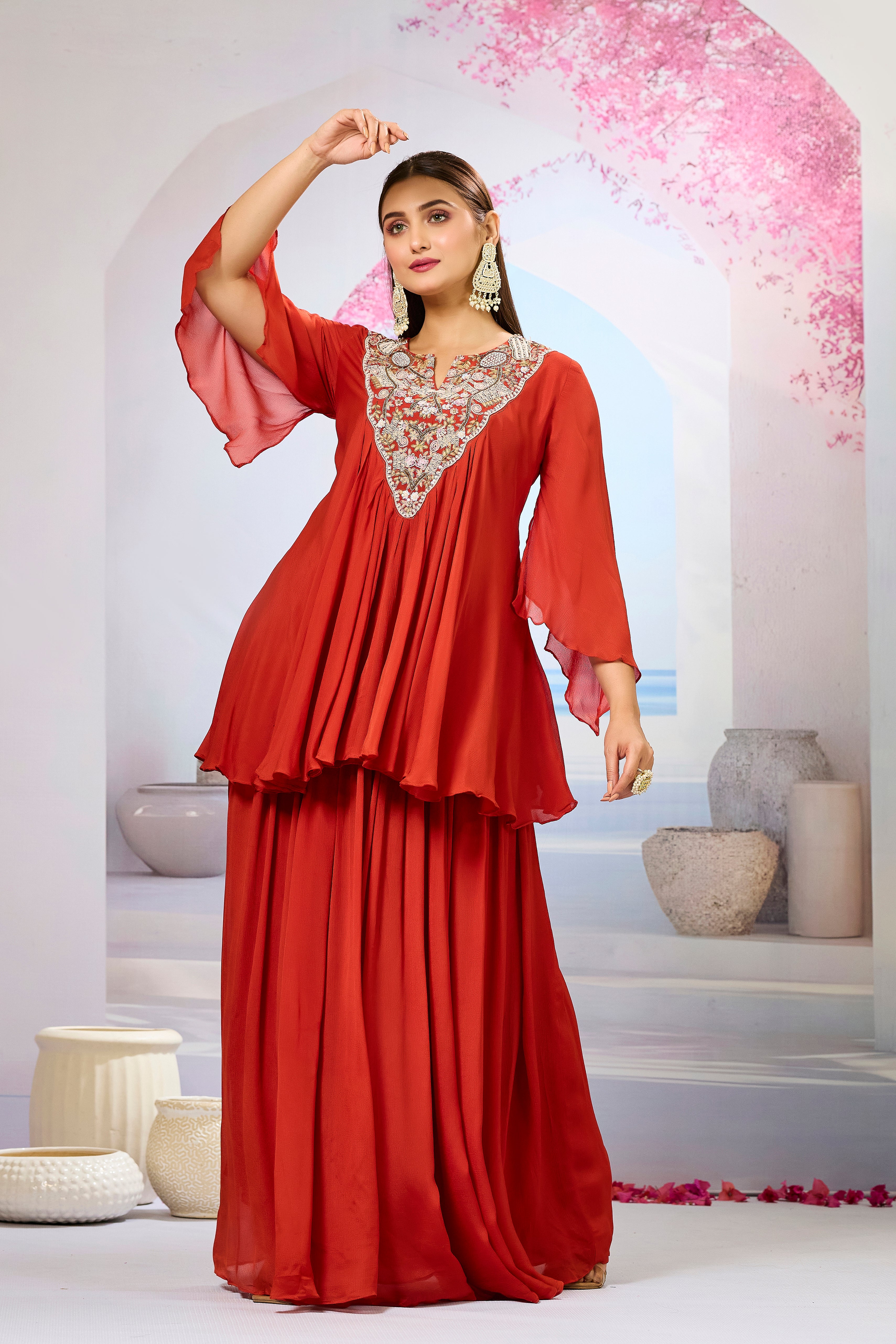 Maroon Embellished Chinon Silk Skirt Set