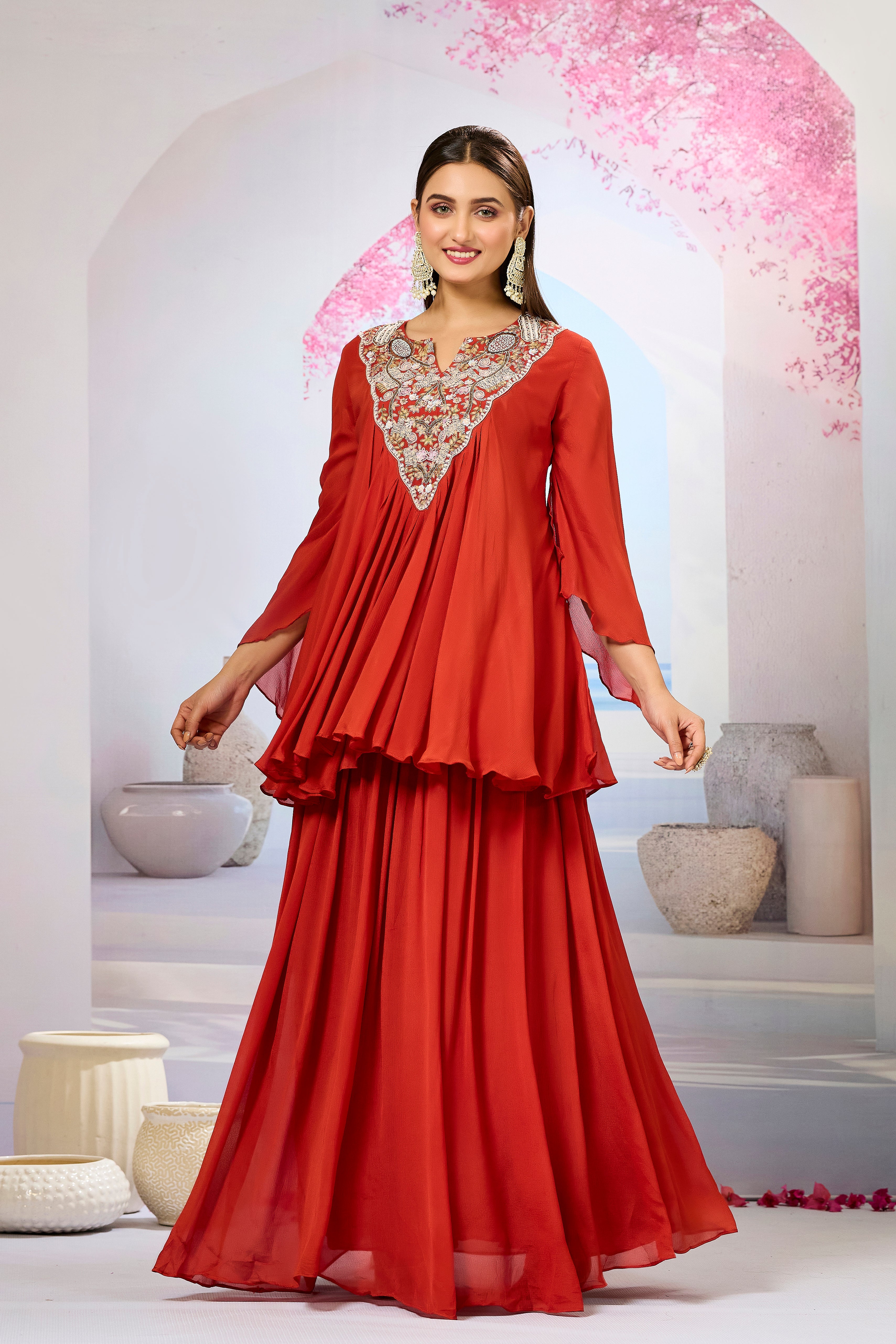 Maroon Embellished Chinon Silk Skirt Set