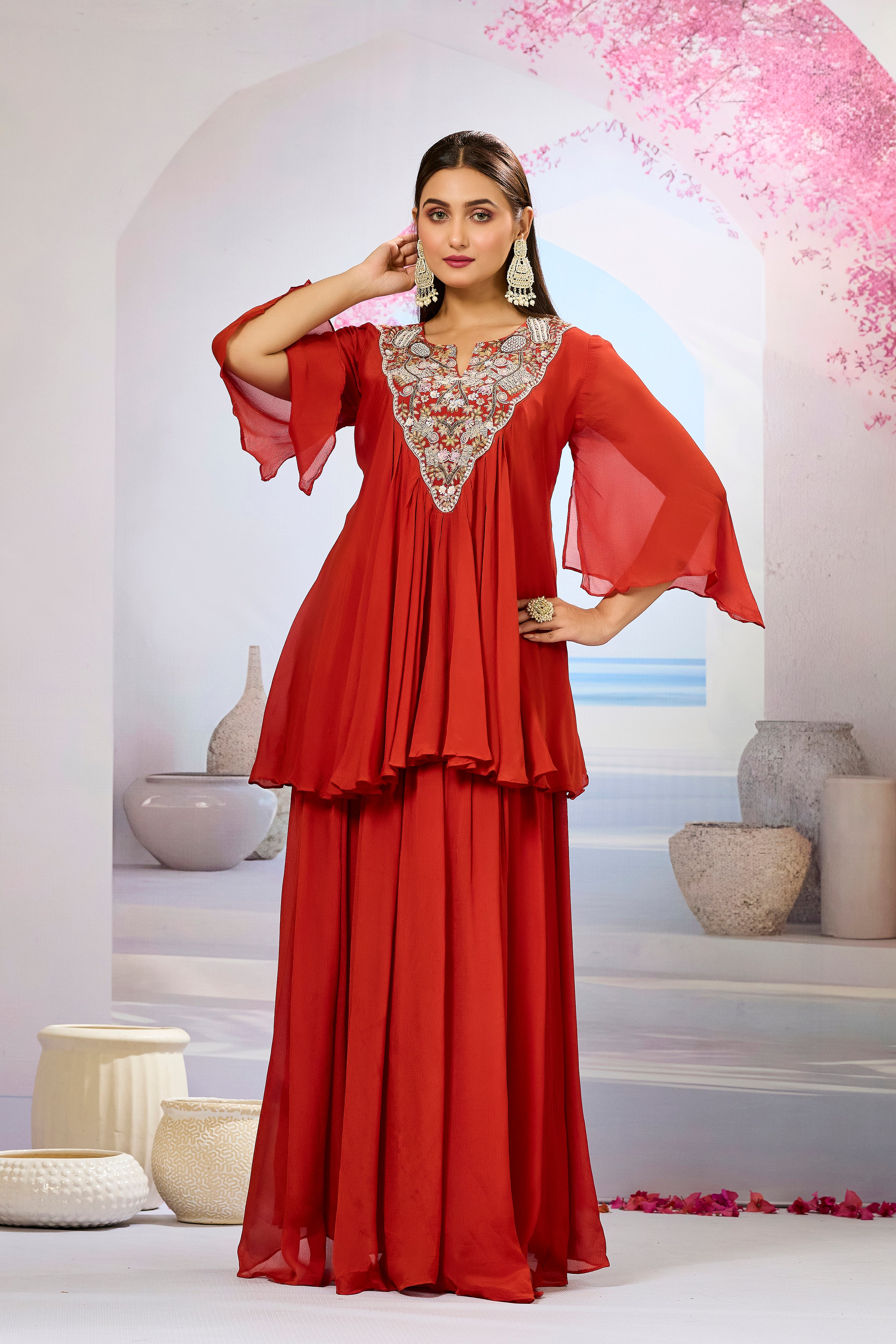 Maroon Embellished Chinon Silk Skirt Set