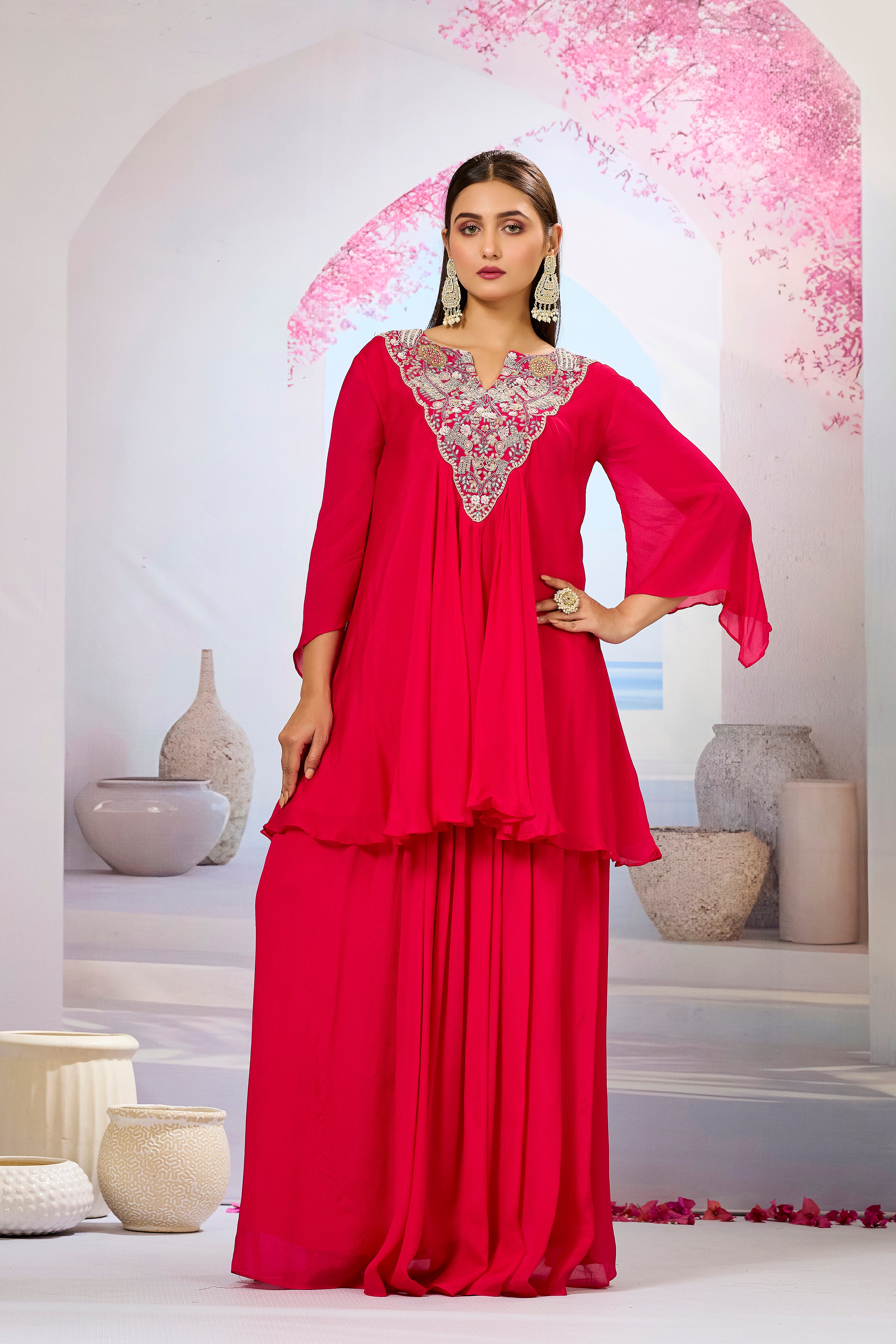 Red Embellished Chinon Silk Skirt Set