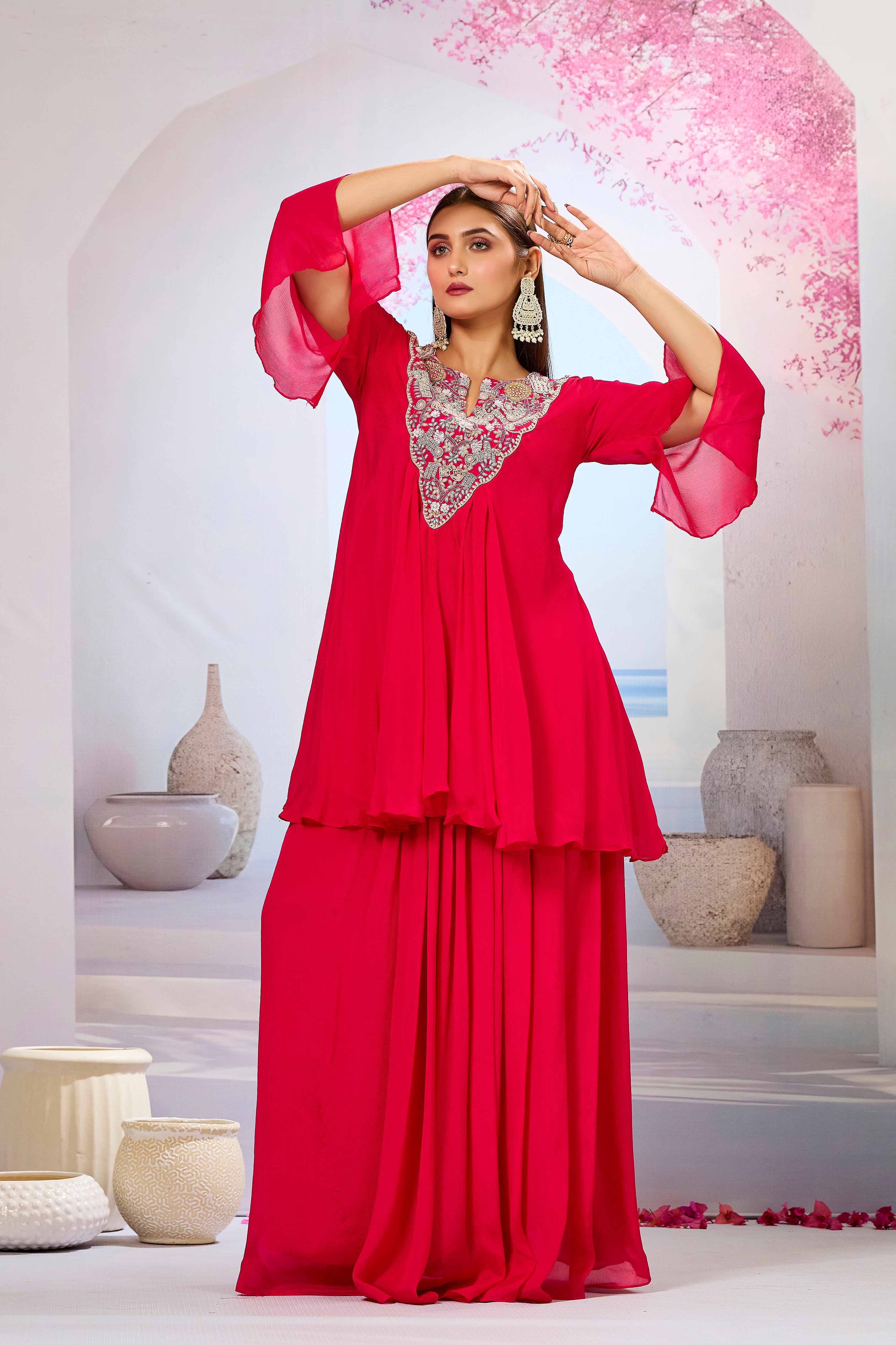 Red Embellished Chinon Silk Skirt Set