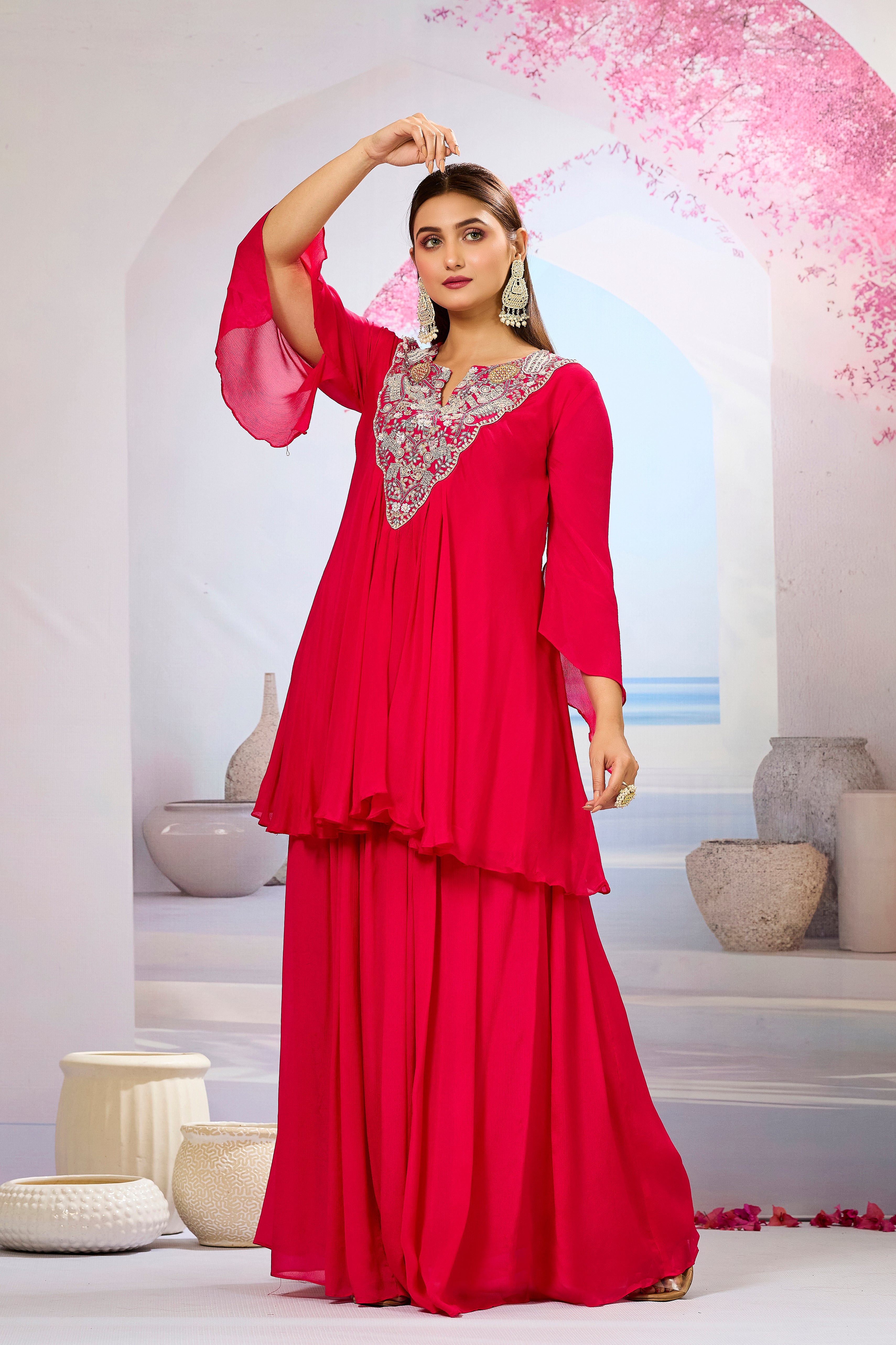 Red Embellished Chinon Silk Skirt Set