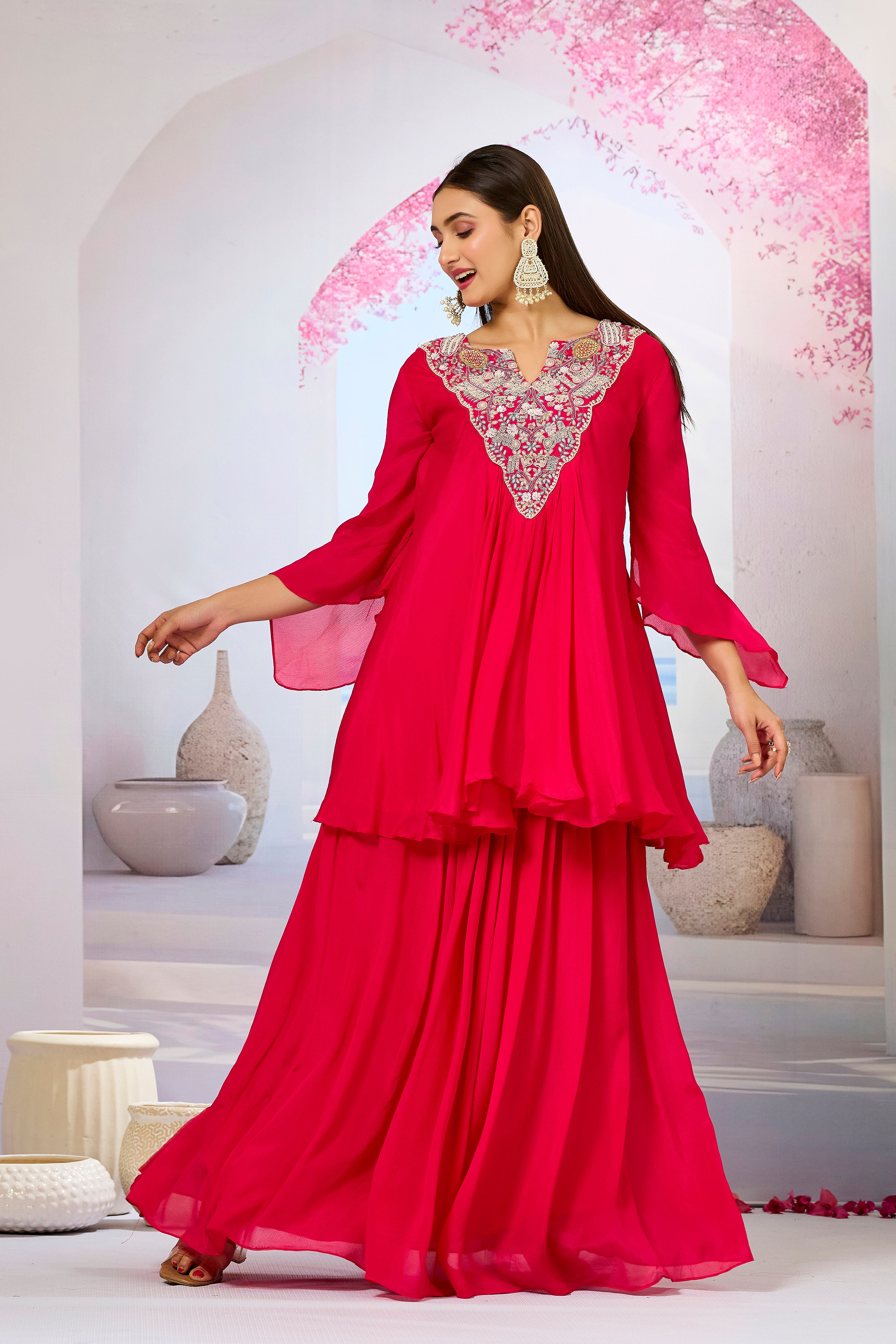 Red Embellished Chinon Silk Skirt Set