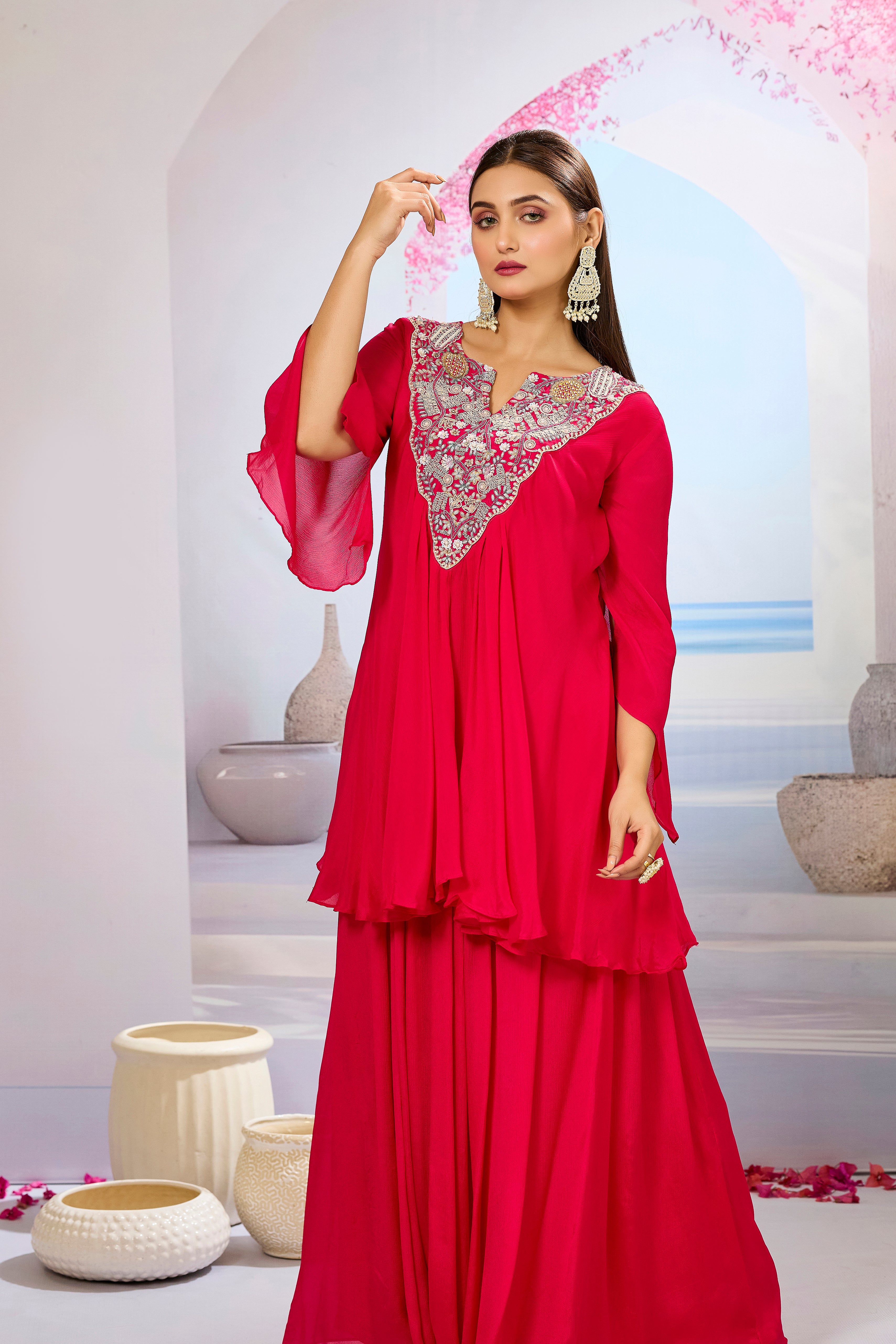 Red Embellished Chinon Silk Skirt Set