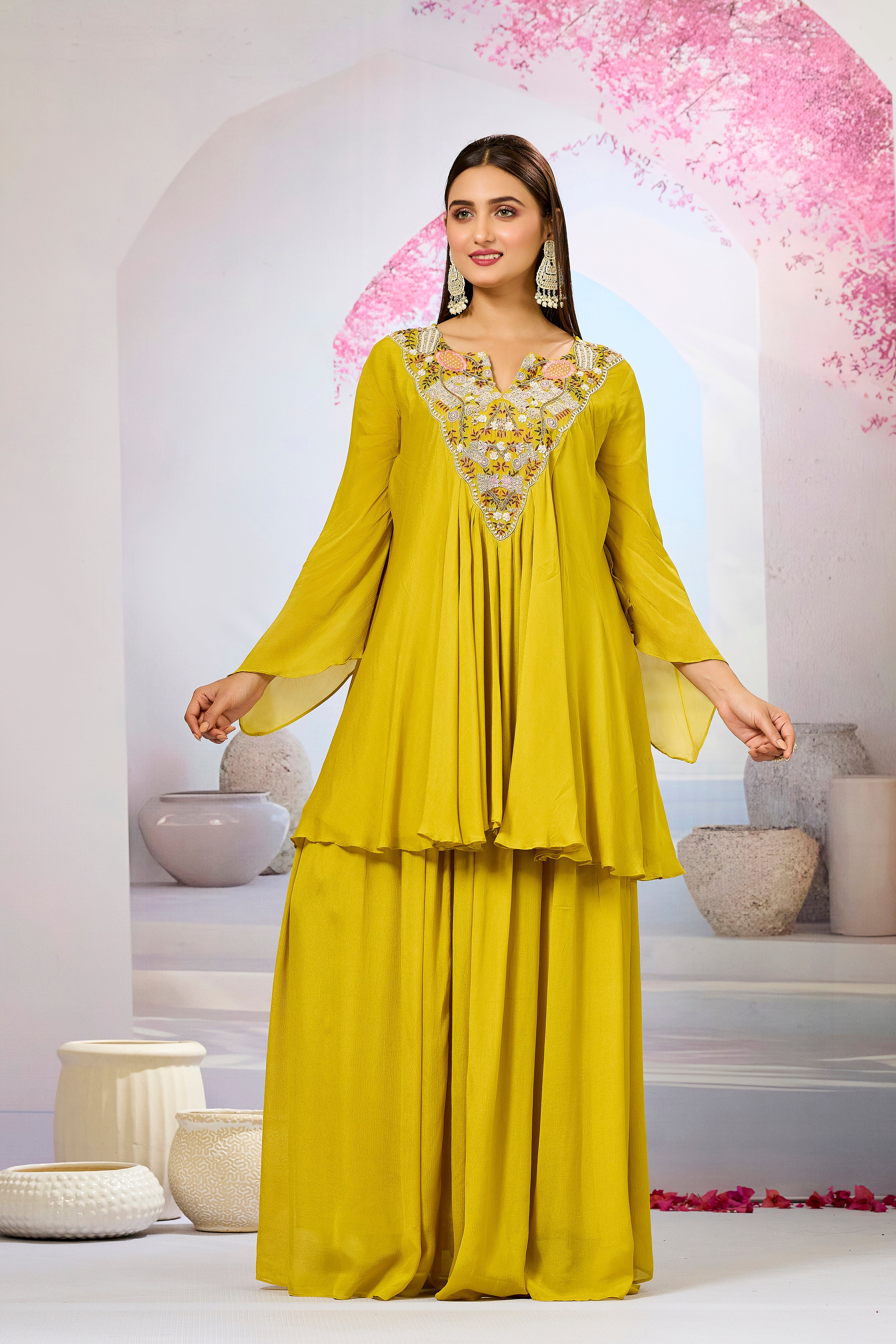 Mustard Embellished Chinon Silk Skirt Set