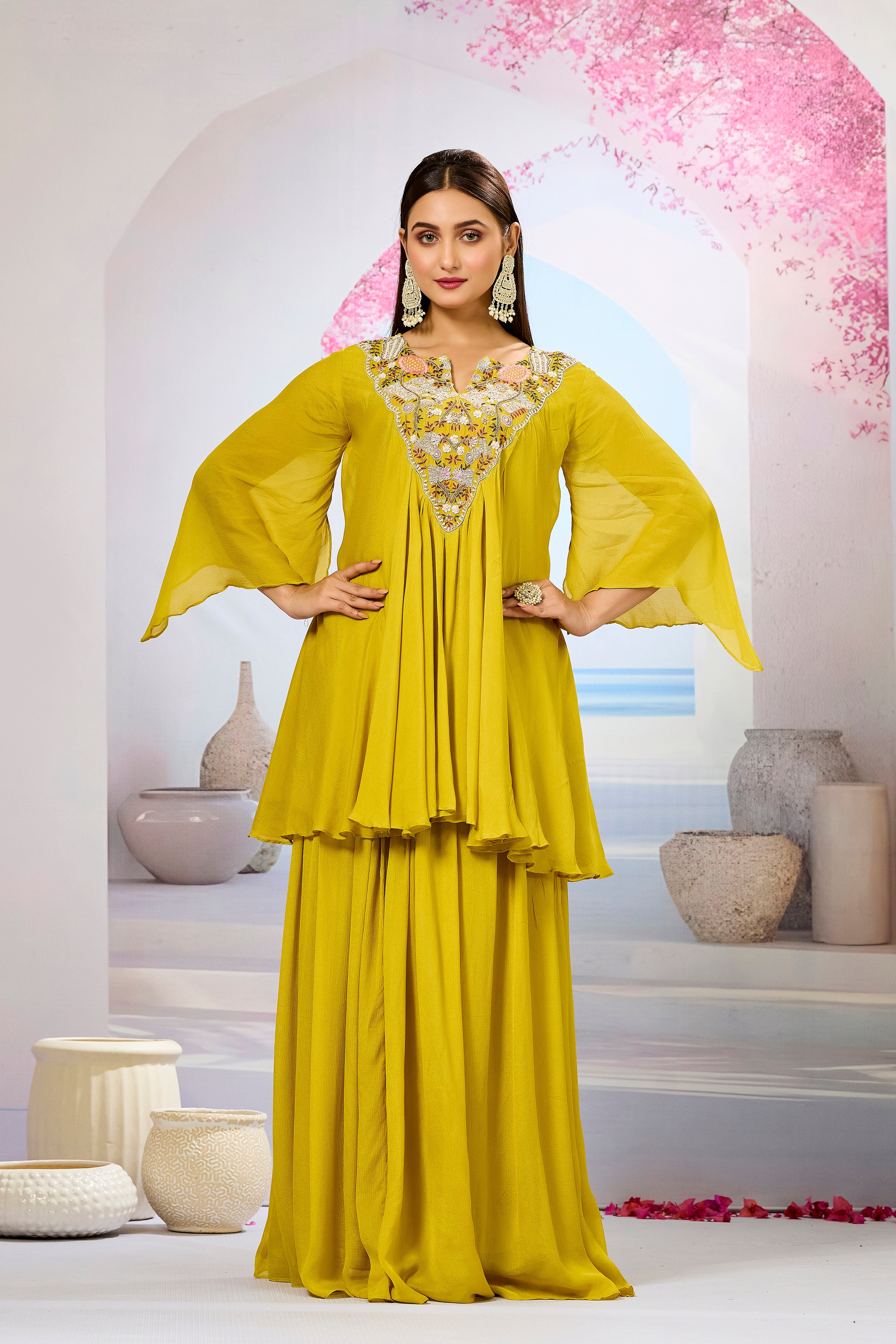 Mustard Embellished Chinon Silk Skirt Set